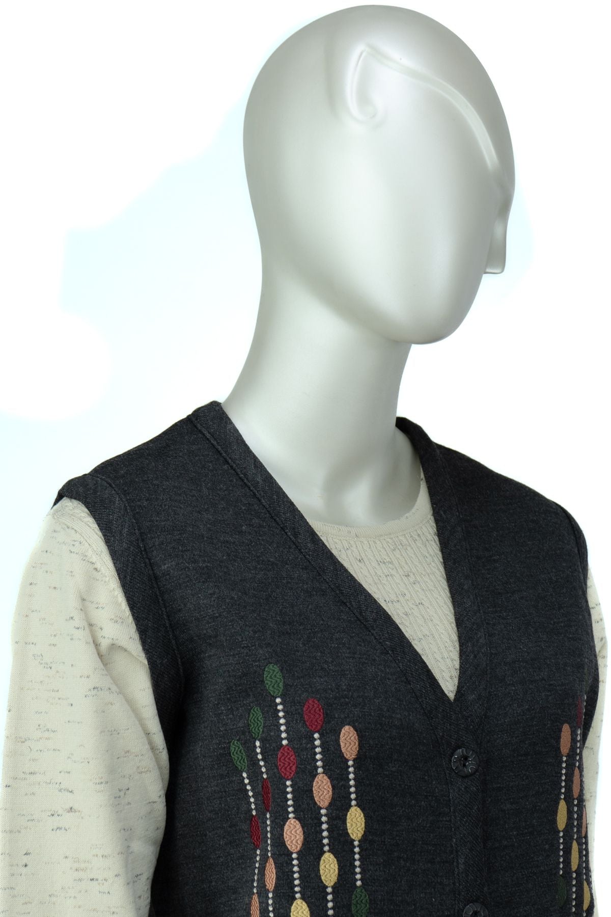 Kadın Çelik Örme Anne Yelek V Yaka Damlam Nakışlı Çift Cepli Düğmeli Rahat Tam Kalıp Likralı