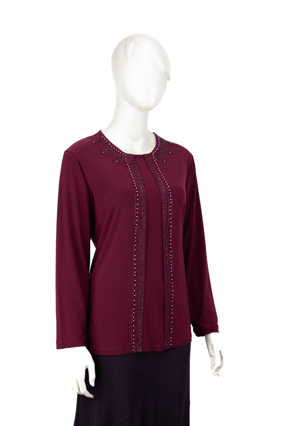 Kadın Sandy Kumaş Anne Bluz inci Taşlı Boncuklu Yuvarlak Yaka Likralı Rahat Kesim Tam Kalıp