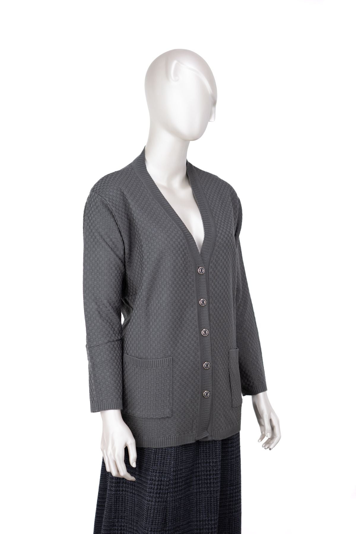 Kadın Mevsimlik Çelik Örme Anne Hırka Çift Cepli Düğmeli Klasik Rahat Kesim Tam Kalıp