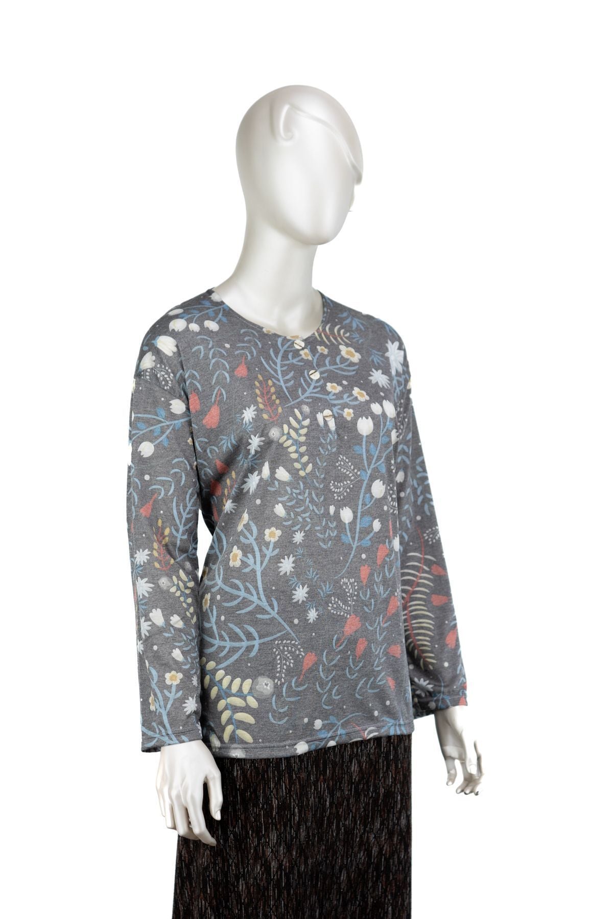 Kadın Kağıt Baskı Klasik Anne Bluz Orkide Desenli Üç Düğmeli Yuvarlak Yaka Likralı Tam Kalıp