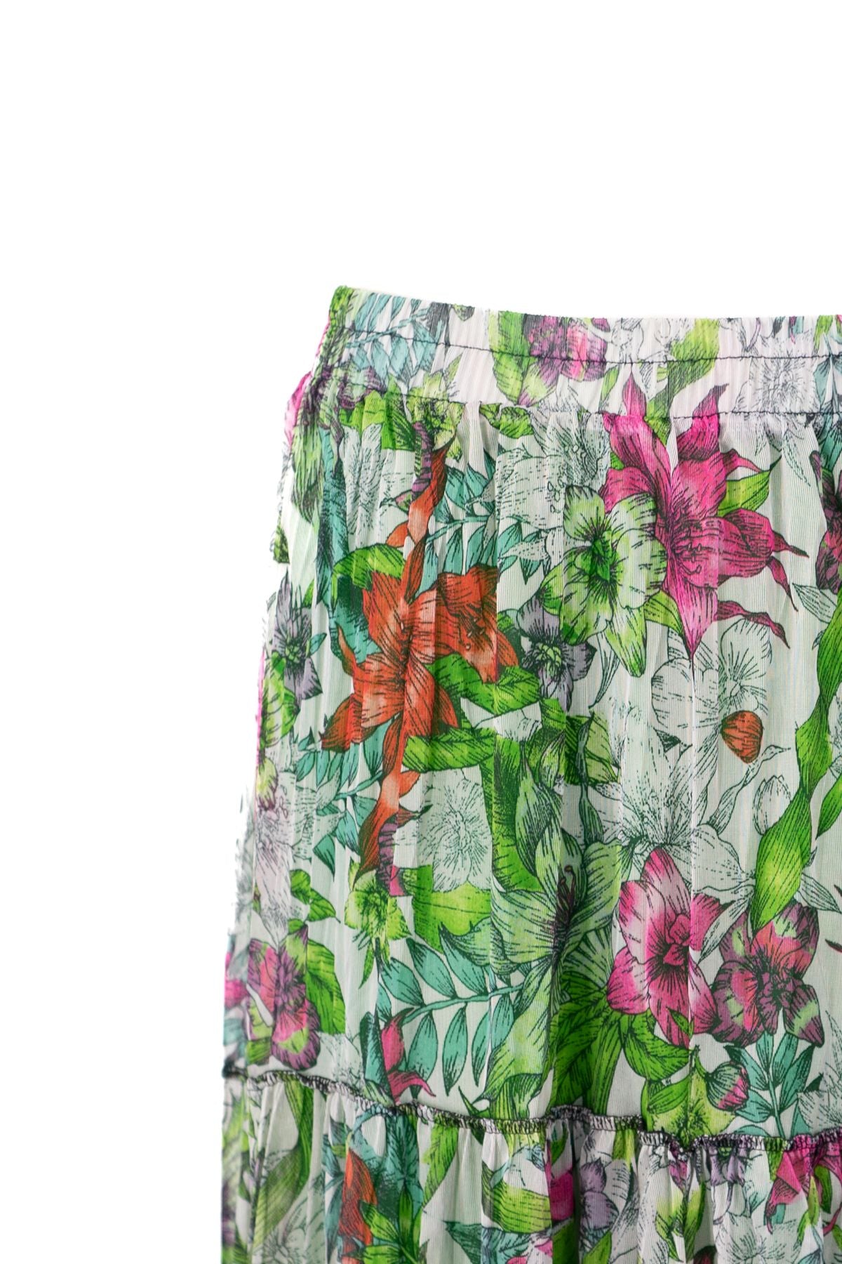 Kadın Astarlı Şifon Etek Manolya Desenli Beli Lastikli Rahat Kesim Parçalı