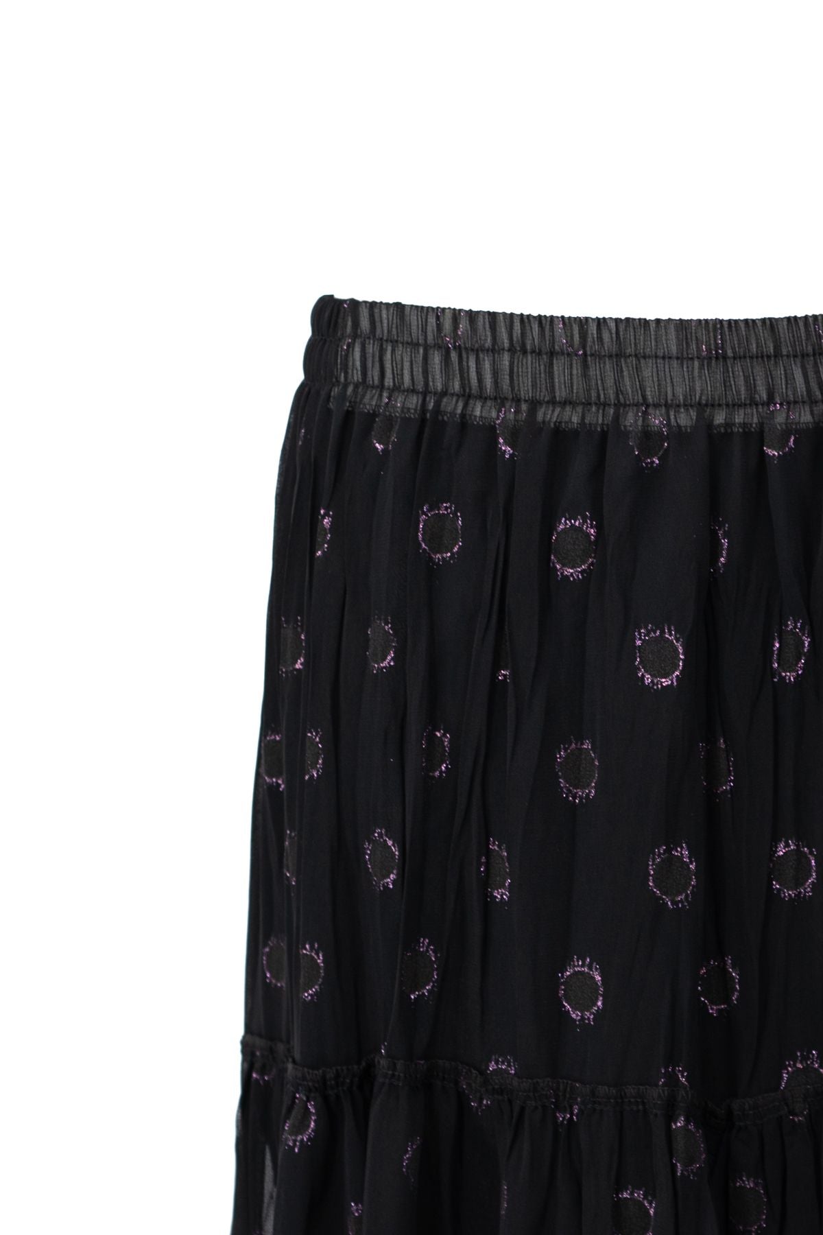 Kadın Astarlı Şifon Etek Bahçecik Desenli Beli Lastikli Rahat Kesim Parçalı