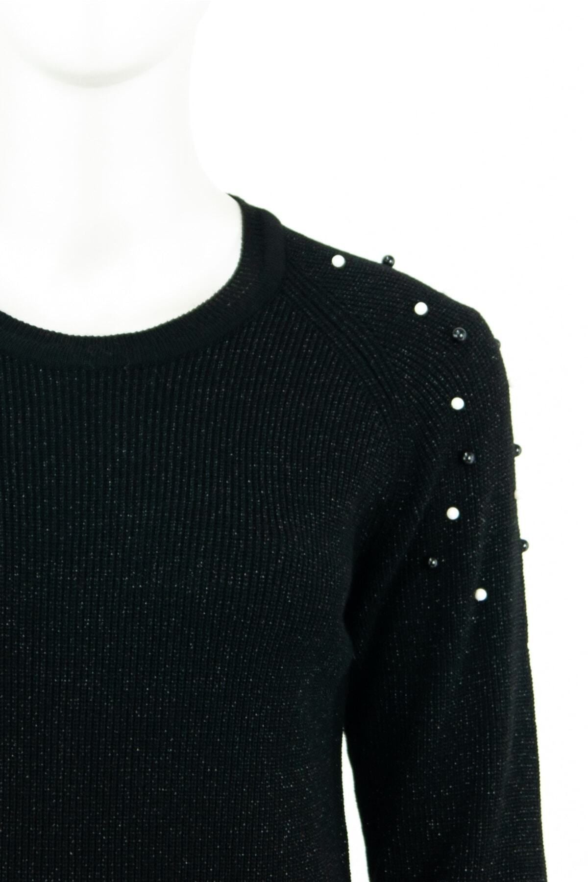 Kadın Kışlık Boncuk Modelli Yuvarlak Yaka Likralı Simli Pamuklu Dokuma Triko Kazak