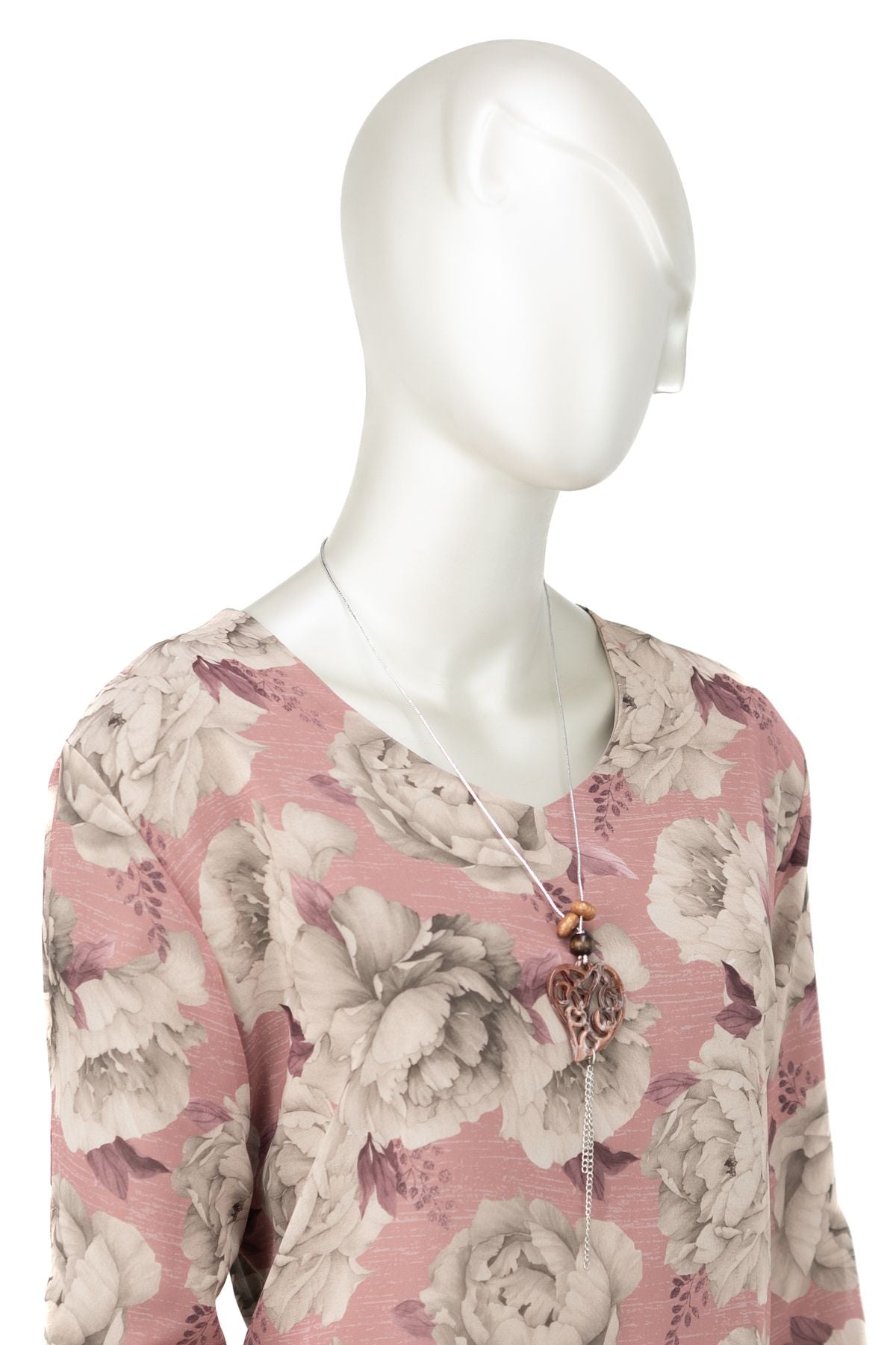 Kadın Klasik Şifon Anne Bluz Viskoz Kumaş Gül Desenli Kolyeli Uzun Kollu Astarlı Tam Kalıp