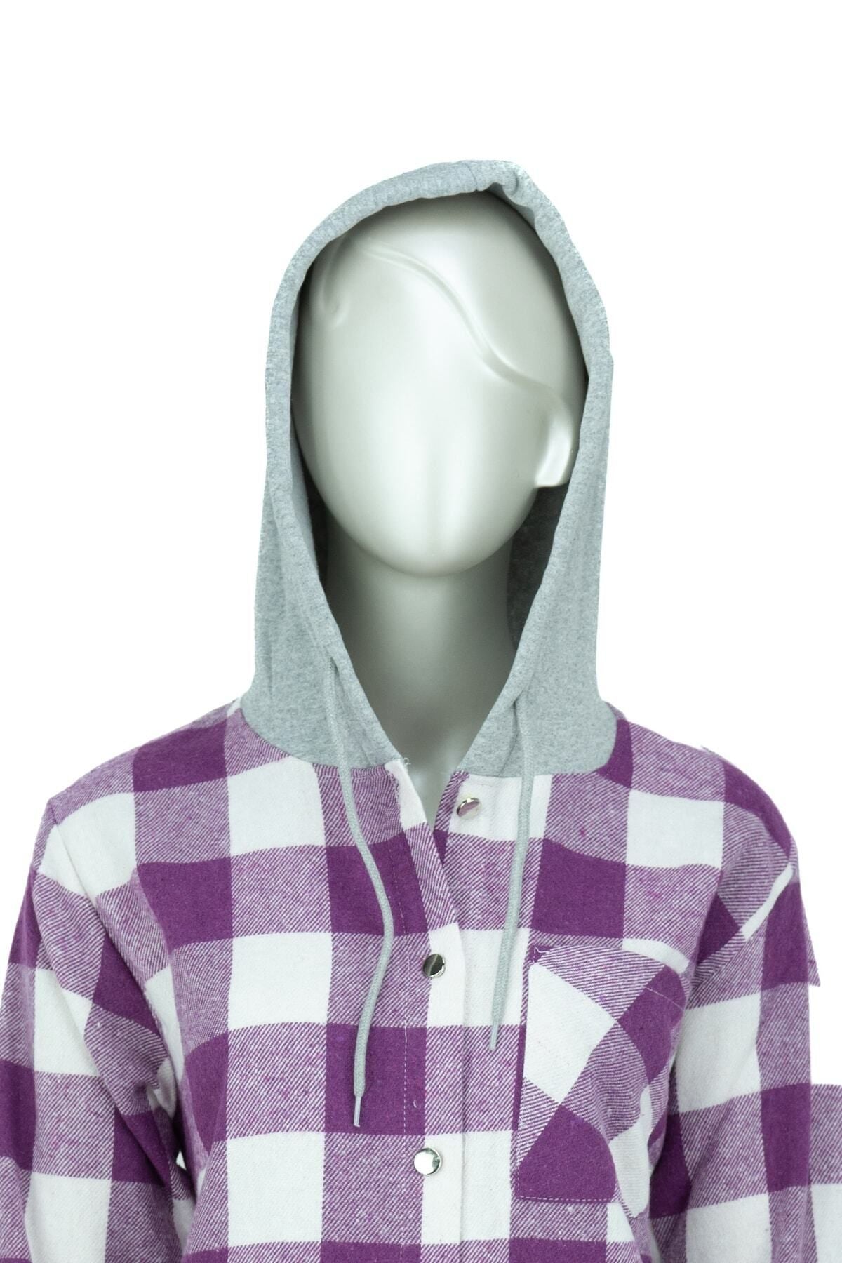Kadın Ekose Desenli Önü Düğmeli Cepli Kapüşonlu Uzun Kollu Pamuklu Şardonlu Oduncu Gömleği