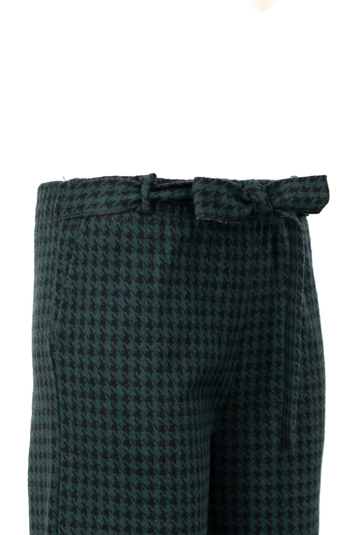 Kadın Kalın Kışlık Pamuklu Örme Pantolon ispanyol Paça Kemerli Ekose Desenli Cepli Tam Kalıp