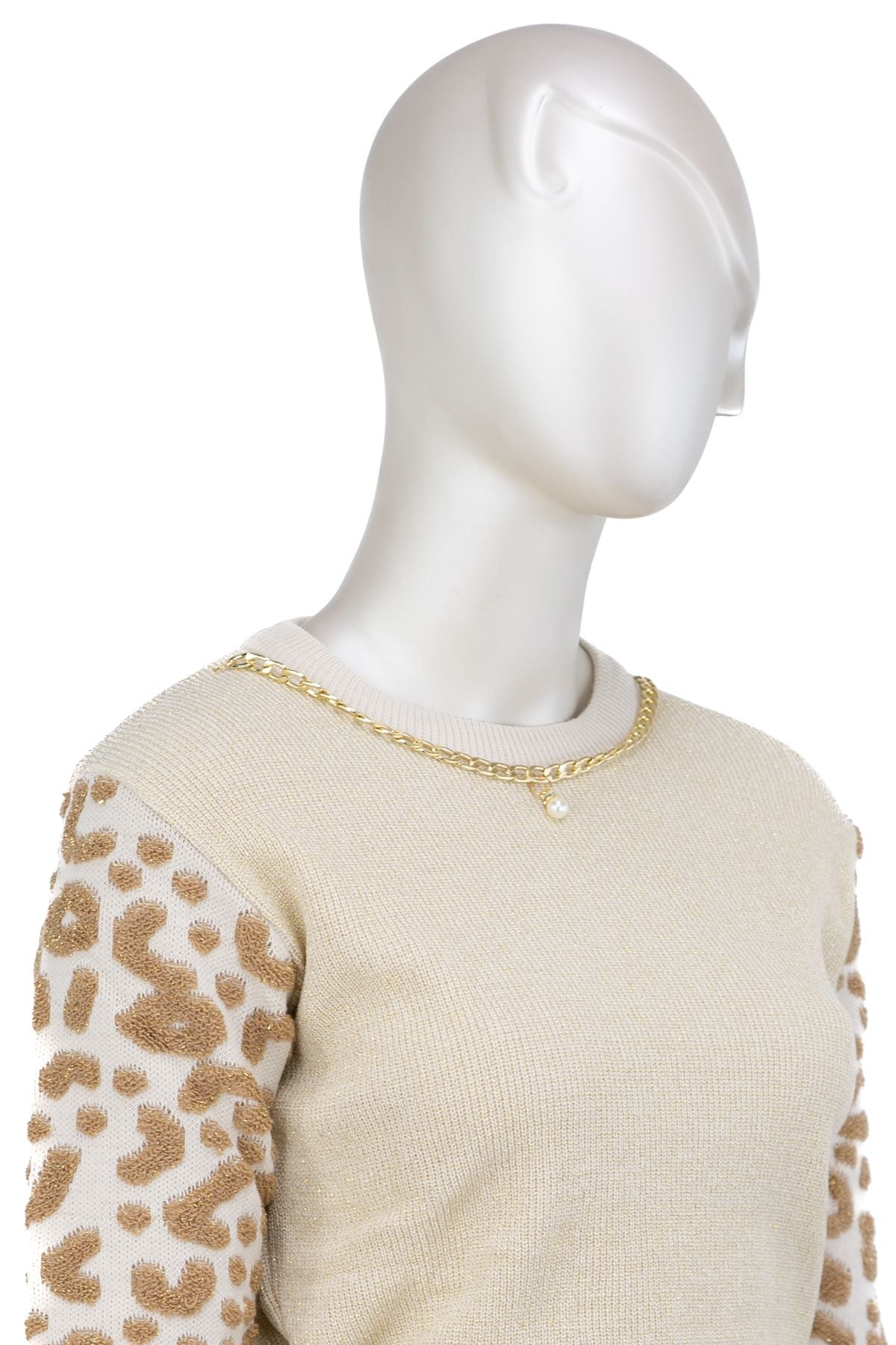 Kadın Kışlık Zincir Modelli Yuvarlak Yaka Spor Kesim Likralı Simli iplikten Örme Triko Kazak