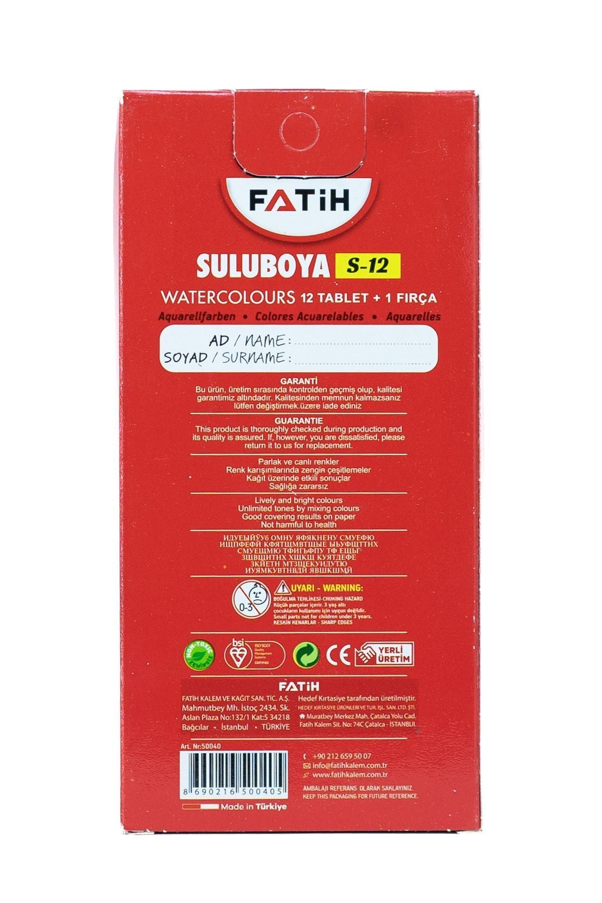 Kırtasiye Sulu Boya ilkokul Ortaokula Fırça Hediyeli Çocuk Dostu 12 Farklı Canlı Renk