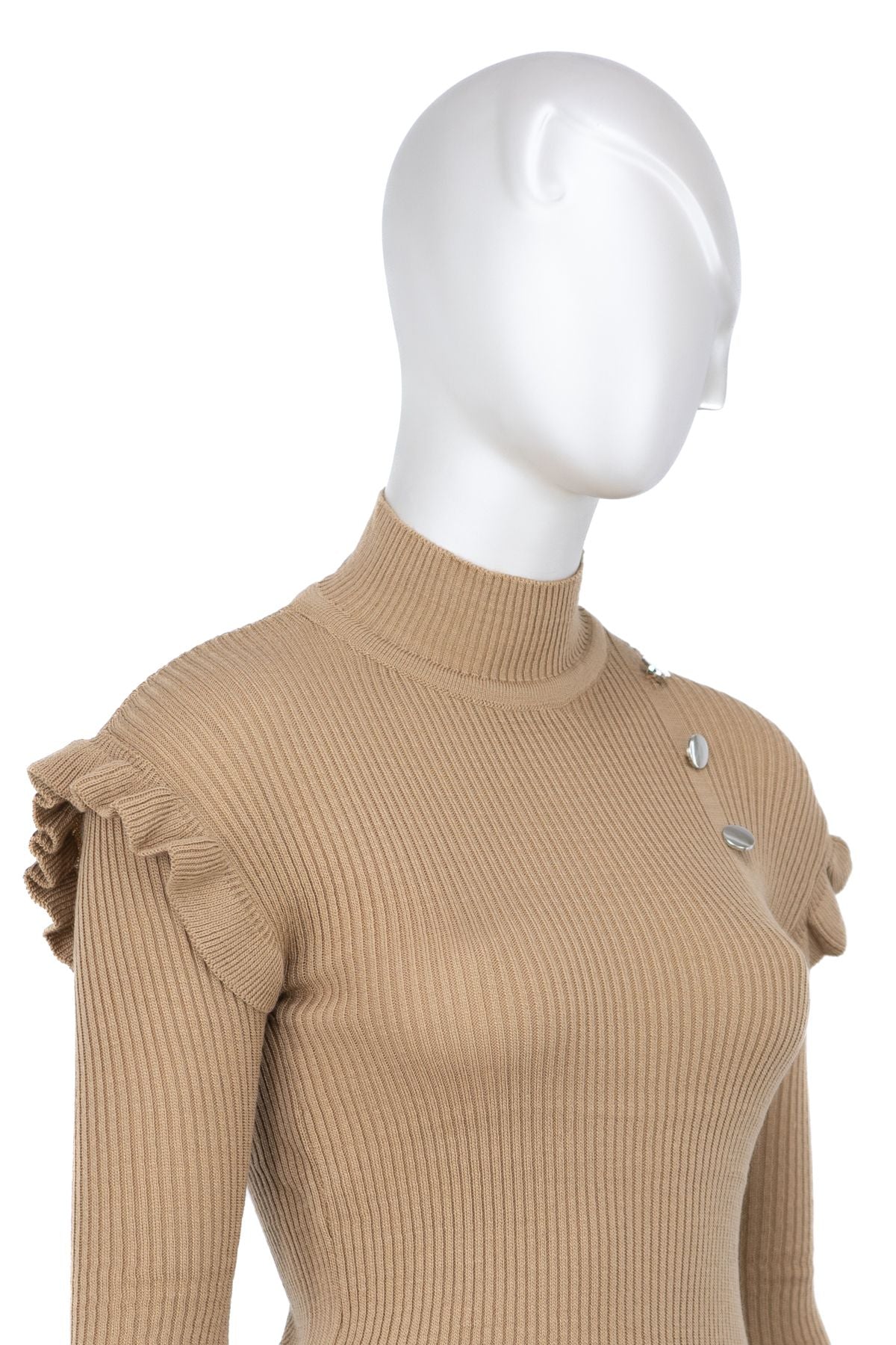 Kadın Kışlık Kolları Şık DüğmeDetaylı Yarım Yaka Bedene Oturan Likralı Örme Triko Badi Kazak