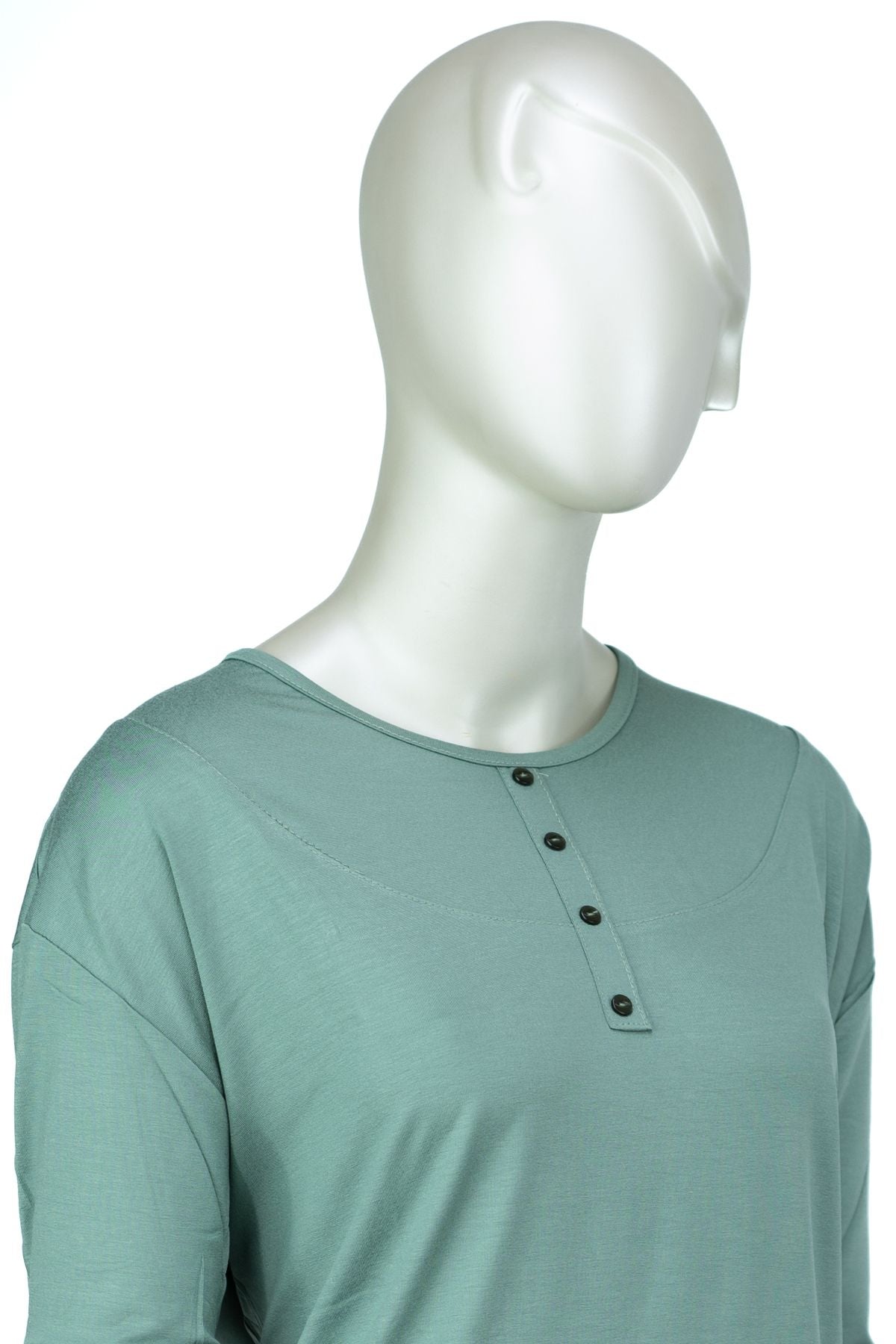 Kadın Klasik Düğme Desenli Yuvarlak Yaka Rahat Büyük Beden Viskon Penye Kumaş Anne Bluz