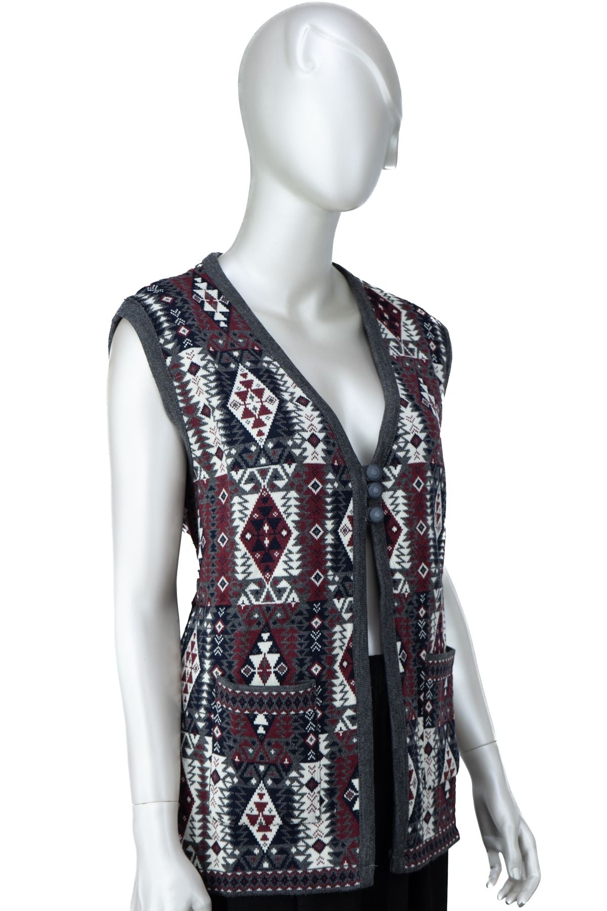 Kadın Kışlık Anne Yelek Pamuklu Triko Örme Klasik Etnik Motifli Önden Düğmeli Çift Cepli