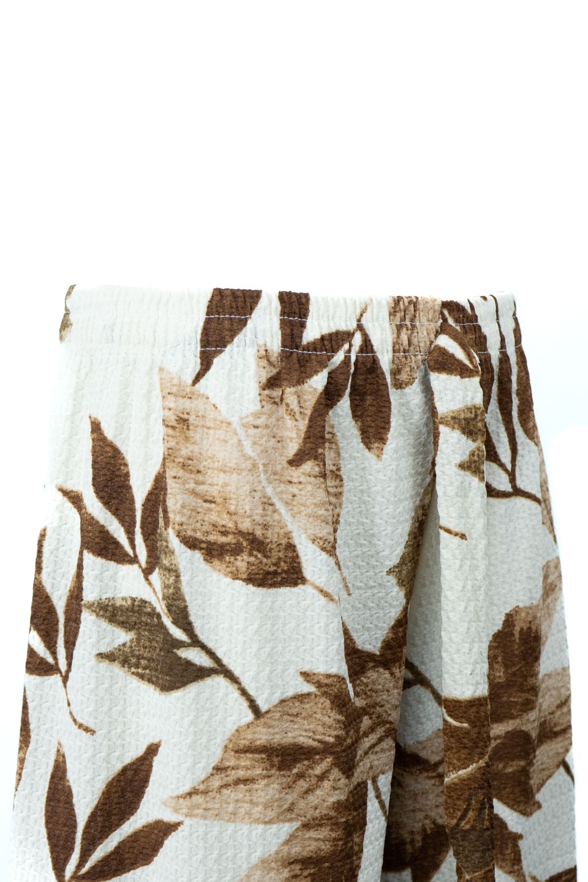 Kadın Pantolon Gofre Kumaş Palmiye Desenli Rahat Kesim Geniş Paça Beli Lastikli