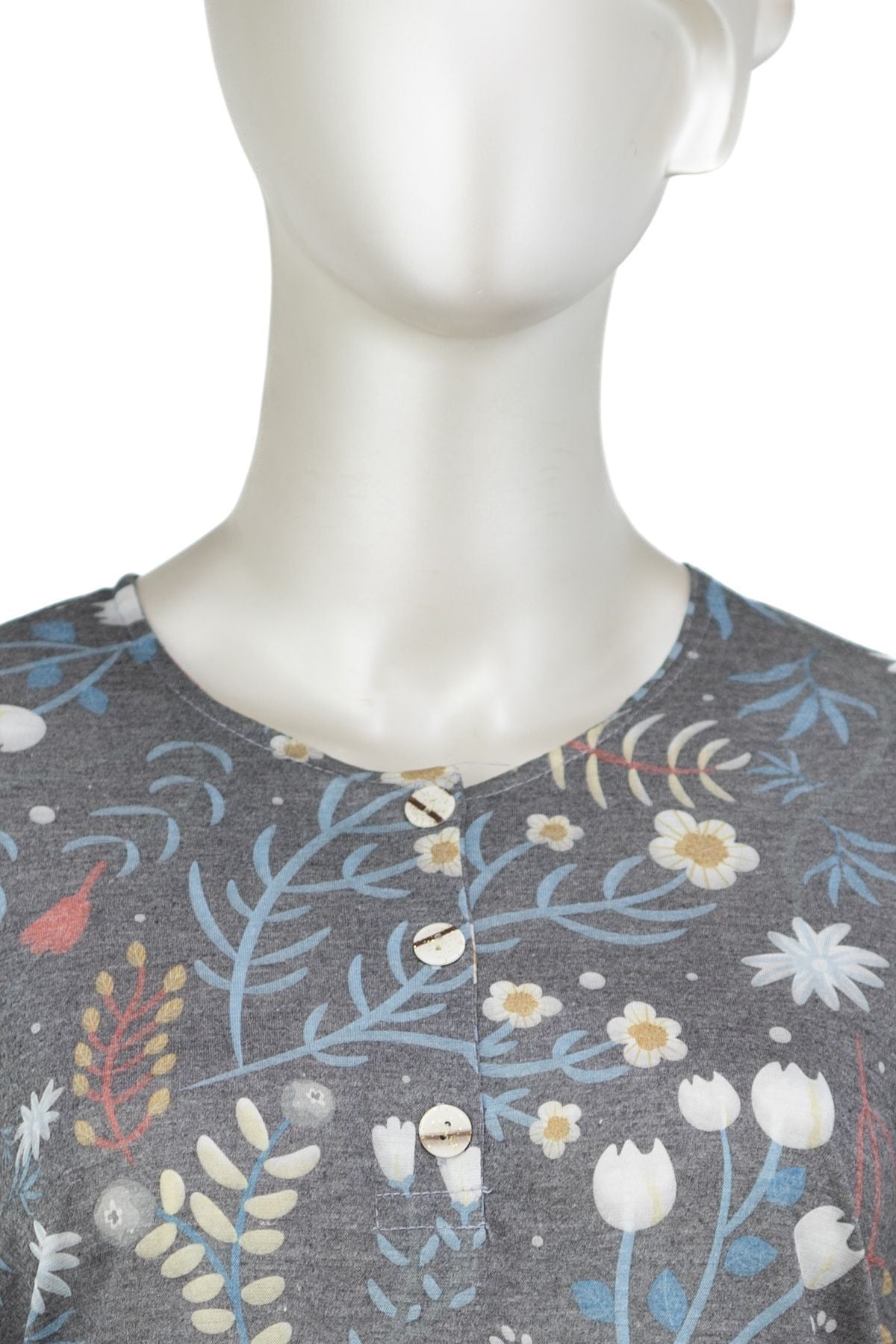 Kadın Kağıt Baskı Klasik Anne Bluz Orkide Desenli Üç Düğmeli Yuvarlak Yaka Likralı Tam Kalıp