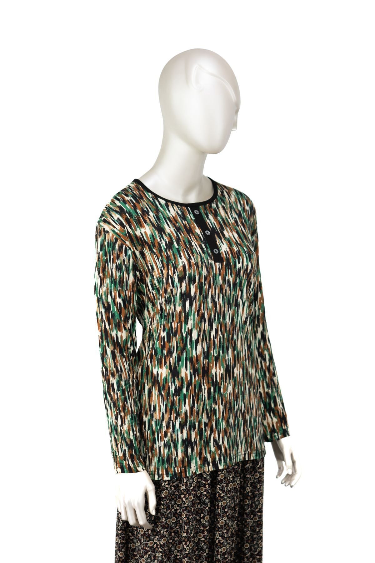 Kadın Turlu Viskon Penye Kumaş Anne Bluz Çizgi Desenli Likralı Yuvarlak Yaka Tam Kalıp