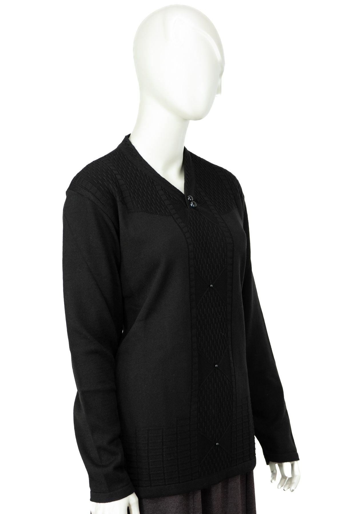 Kadın Kışlık Pamuklu Triko Dokuma Anne Kazak Boncuklu Petek Motifli V Yakalı Rahat Kesim