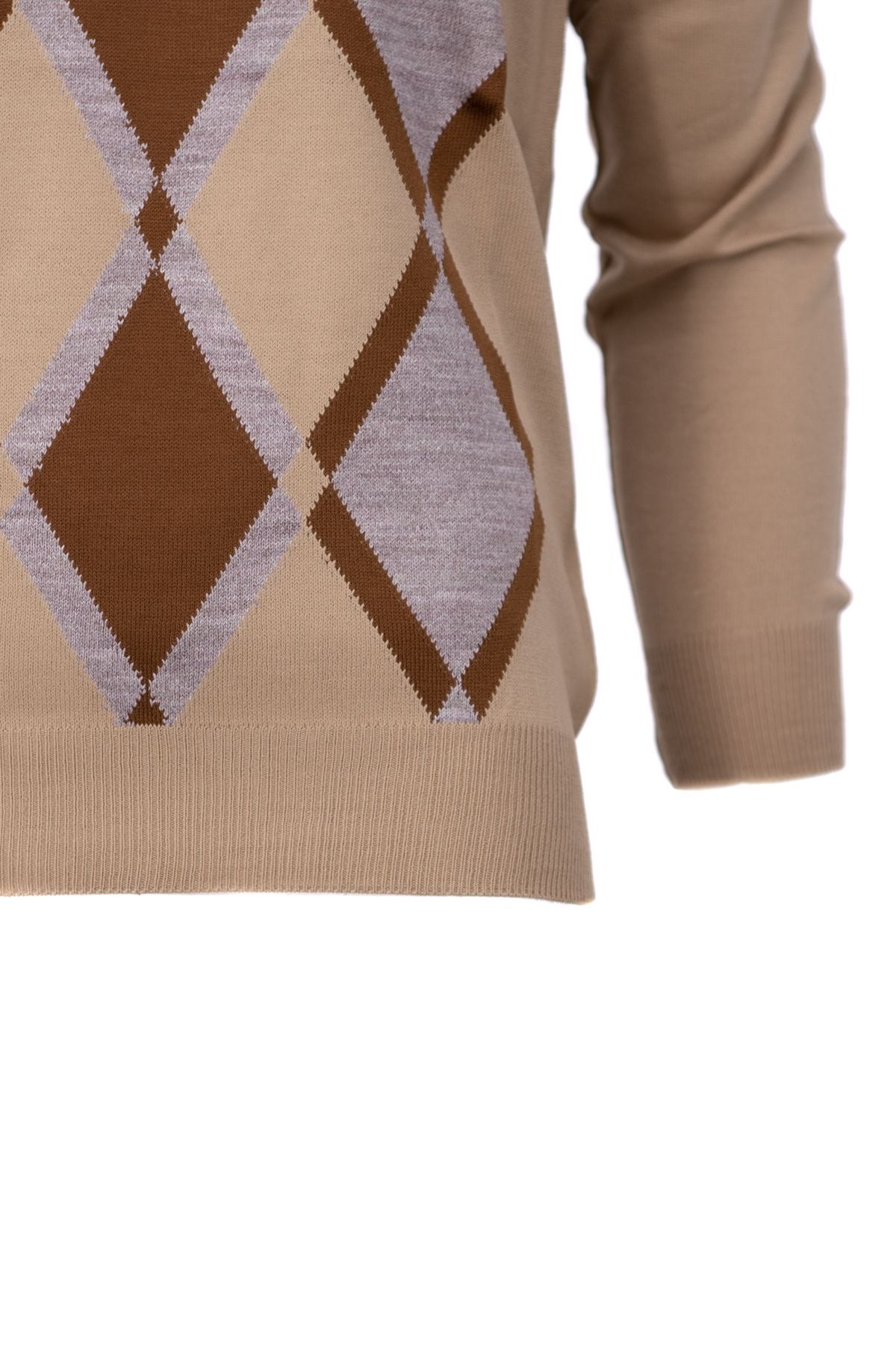 Erkek Kışlık Doğal Yünlü Örme V Yaka Kazak Baklava Desenli Rahat Tam Kalıp Klasik Model