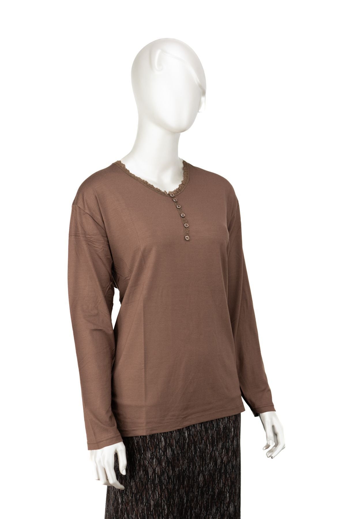 Kadın Turlu Viskon Penye Kumaş Anne Bluz Şık Fırfırlı V Yaka Normal Kesim Tam Kalıp Likralı