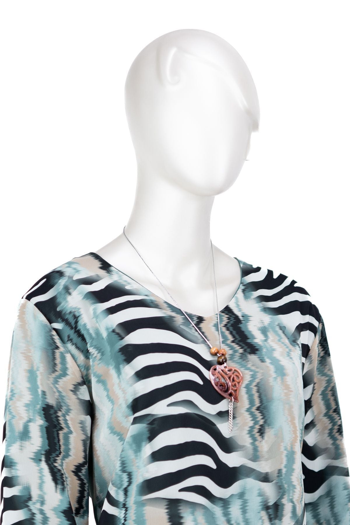 Kadın Klasik Şifon Anne Bluz Viskoz Kumaş Deniz Desenli Kolyeli Uzun Kollu Astarlı Tam Kalıp