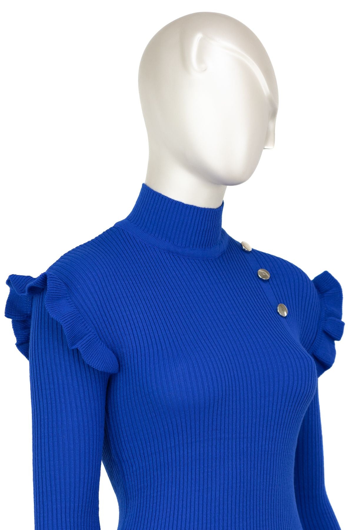 Kadın Kışlık Kolları Şık DüğmeDetaylı Yarım Yaka Bedene Oturan Likralı Örme Triko Badi Kazak