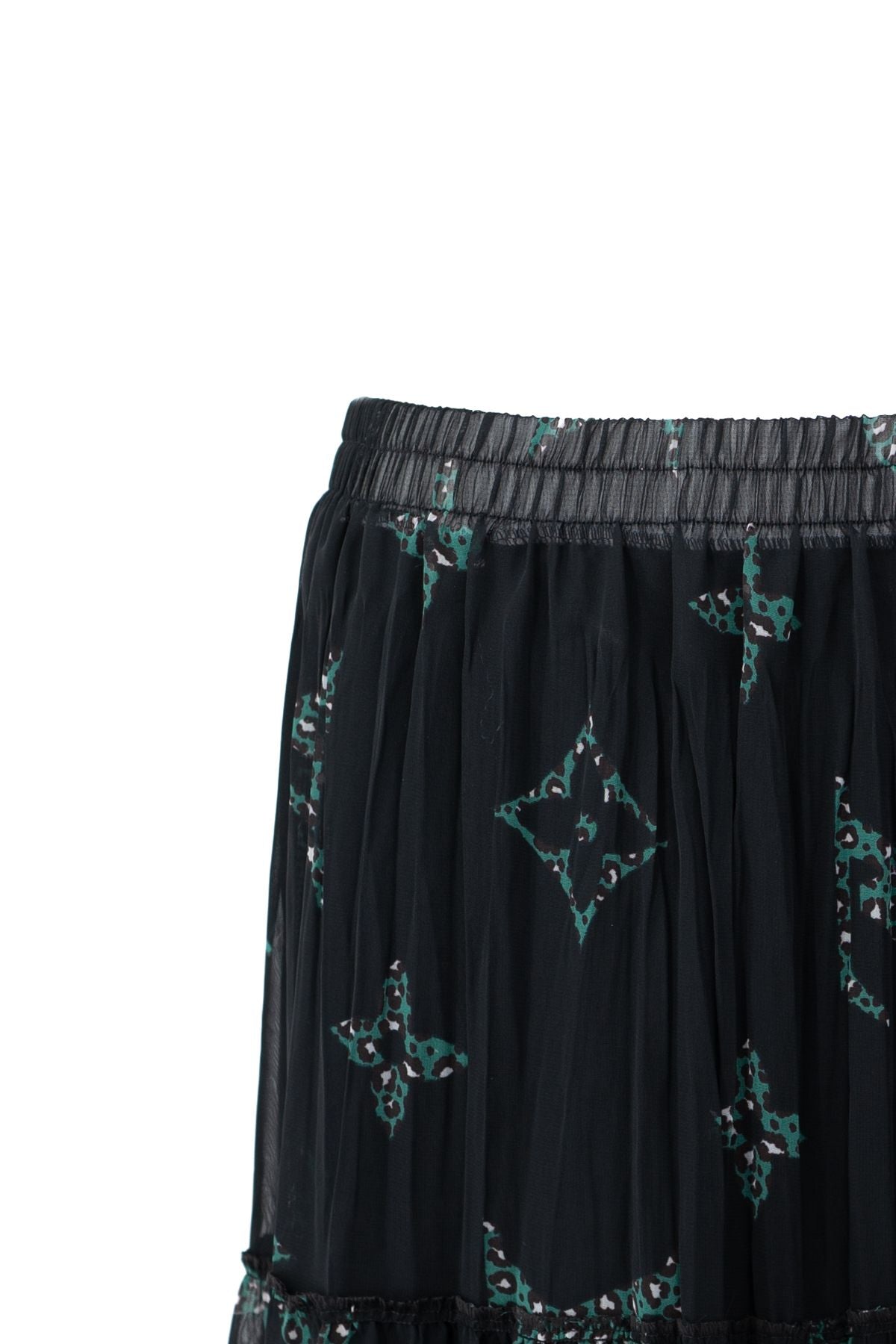 Kadın Astarlı Şifon Etek Bahçecik Desenli Beli Lastikli Rahat Kesim Parçalı