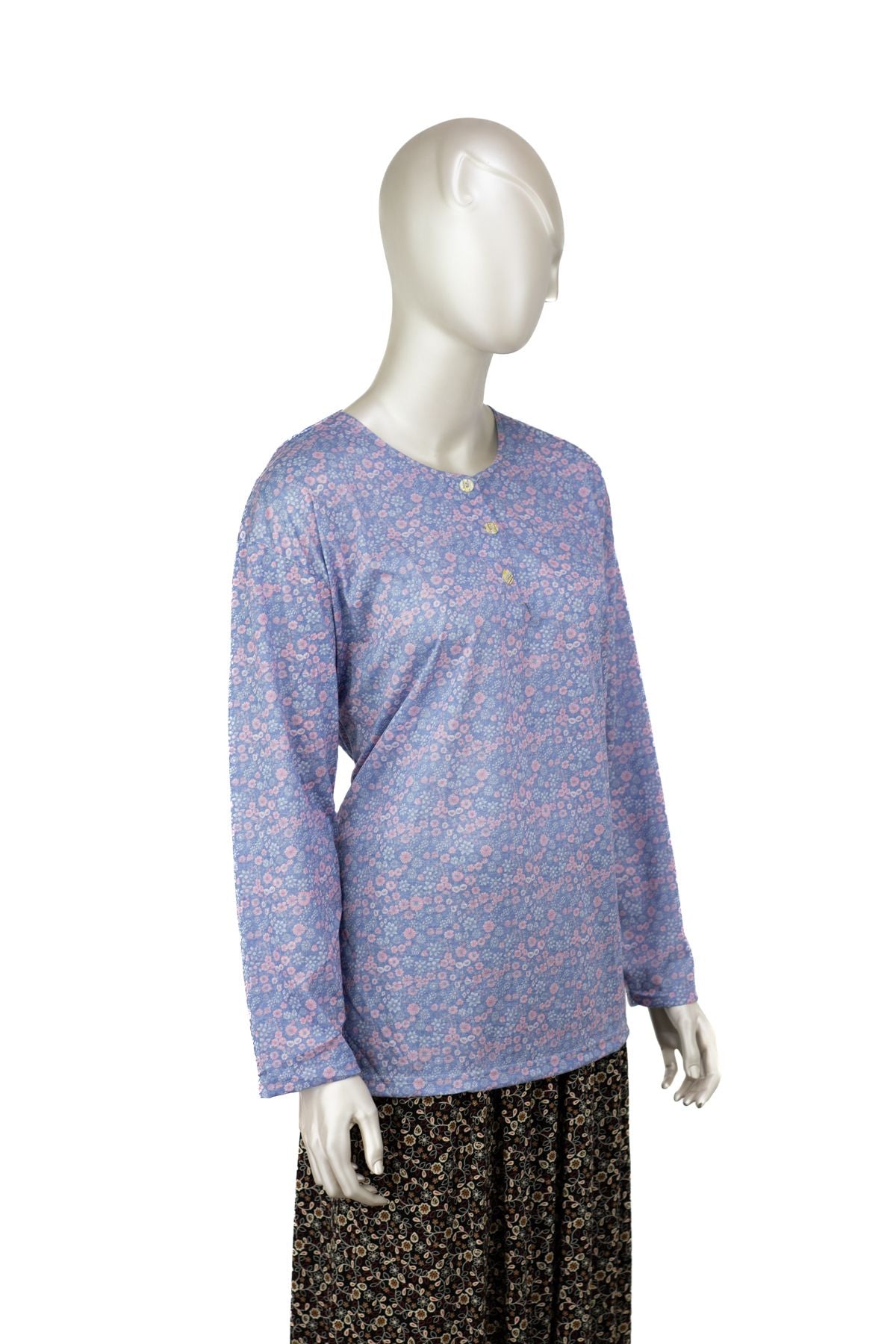 Kadın Kağıt Baskı Klasik Anne Bluz Pamuk Kumaş Fulya Desenli Üç Düğmeli Rahat Tam Kalıp