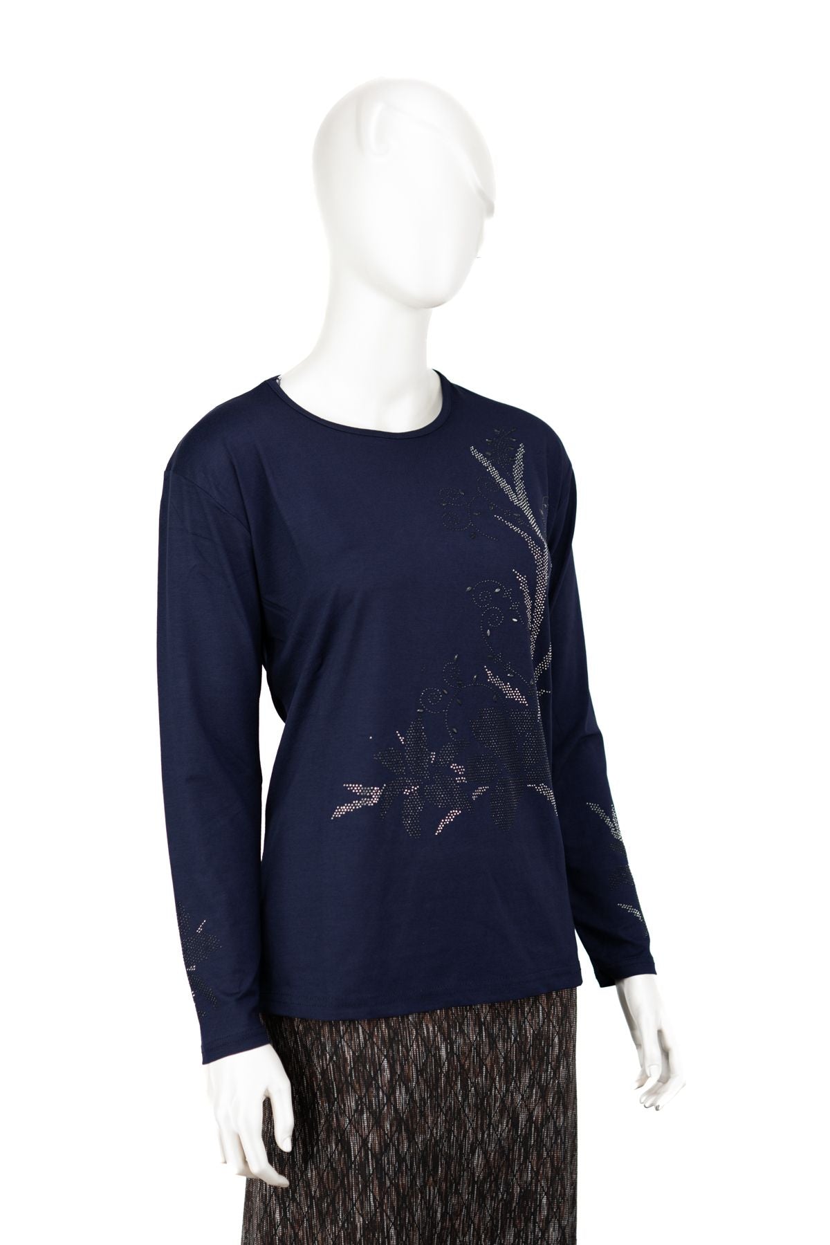 Kadın Turlu Viskon Penye Kumaş Anne Bluz Şık Çiçek Taşlı Yuvarlak Yaka Tam Kalıp Likralı