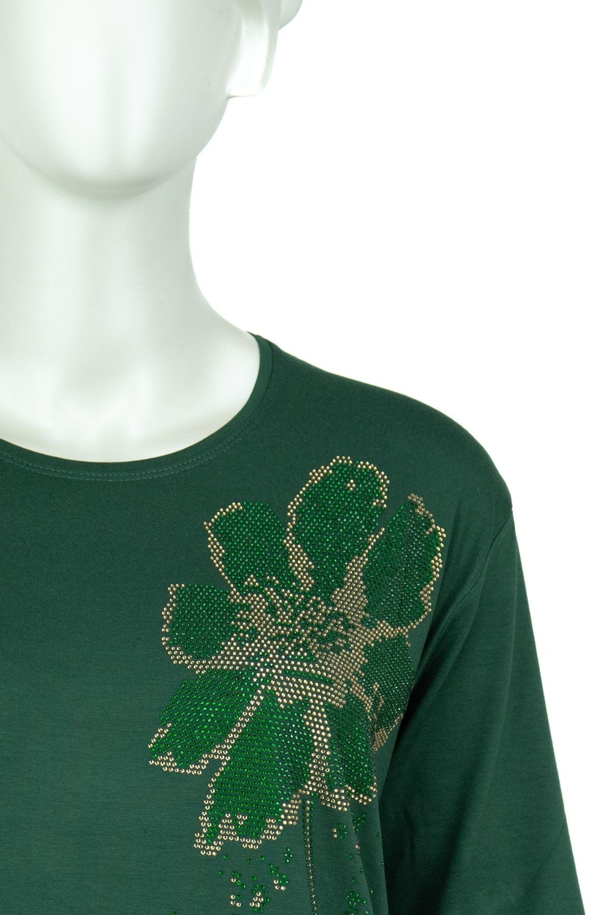 Kadın Papatya Taşlı Yuvarlak Yaka Uzun Kollu Tam Kalıp Likralı Viskon Penye Kumaş Anne Bluz