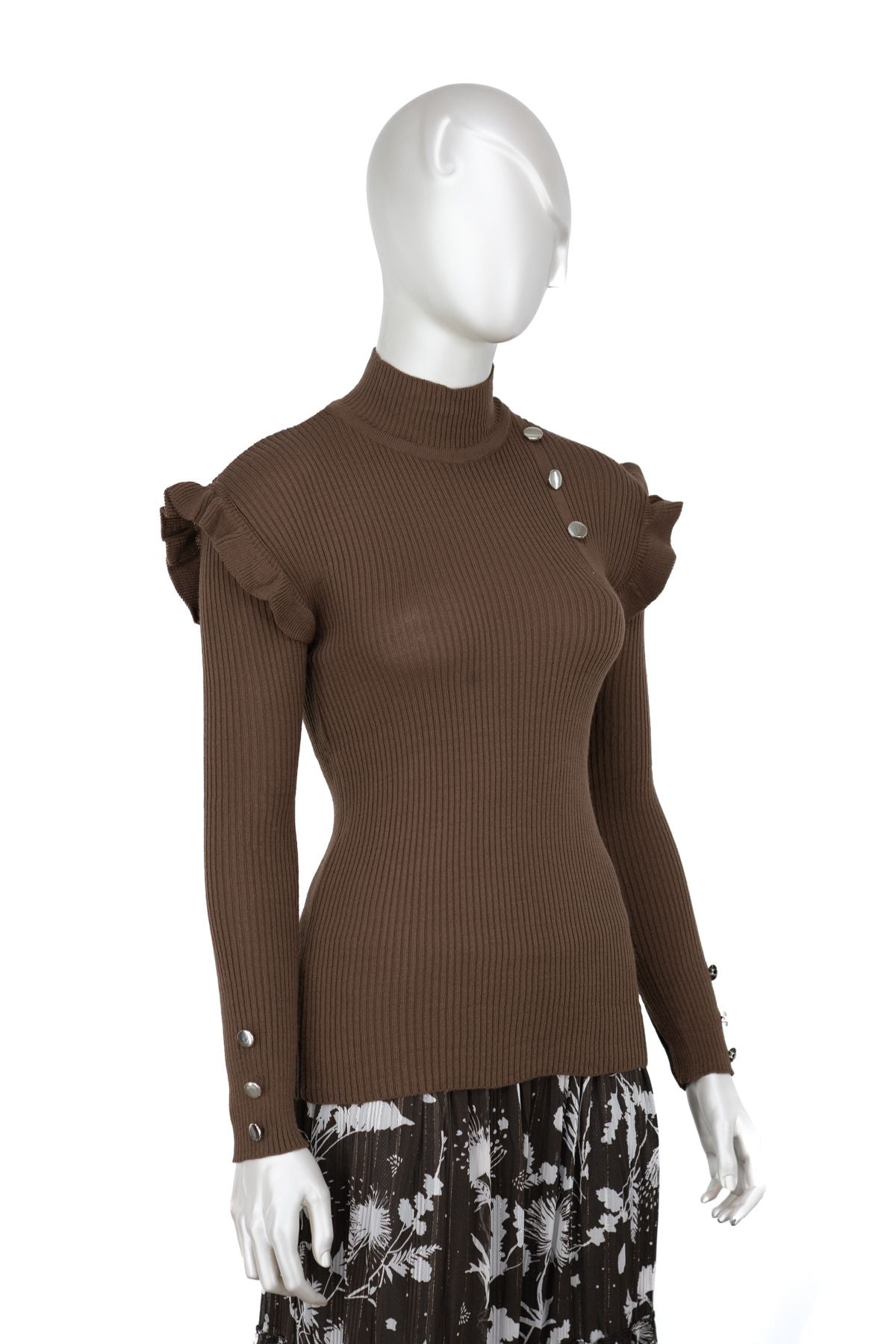 Kadın Kışlık Kolları Şık DüğmeDetaylı Yarım Yaka Bedene Oturan Likralı Örme Triko Badi Kazak