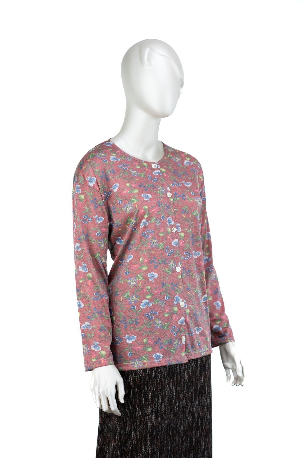 Kadın Kağıt Baskı Klasik Anne Bluz Çiçek Desenli Boydan Düğmeli Likralı Rahat Tam Kalıp