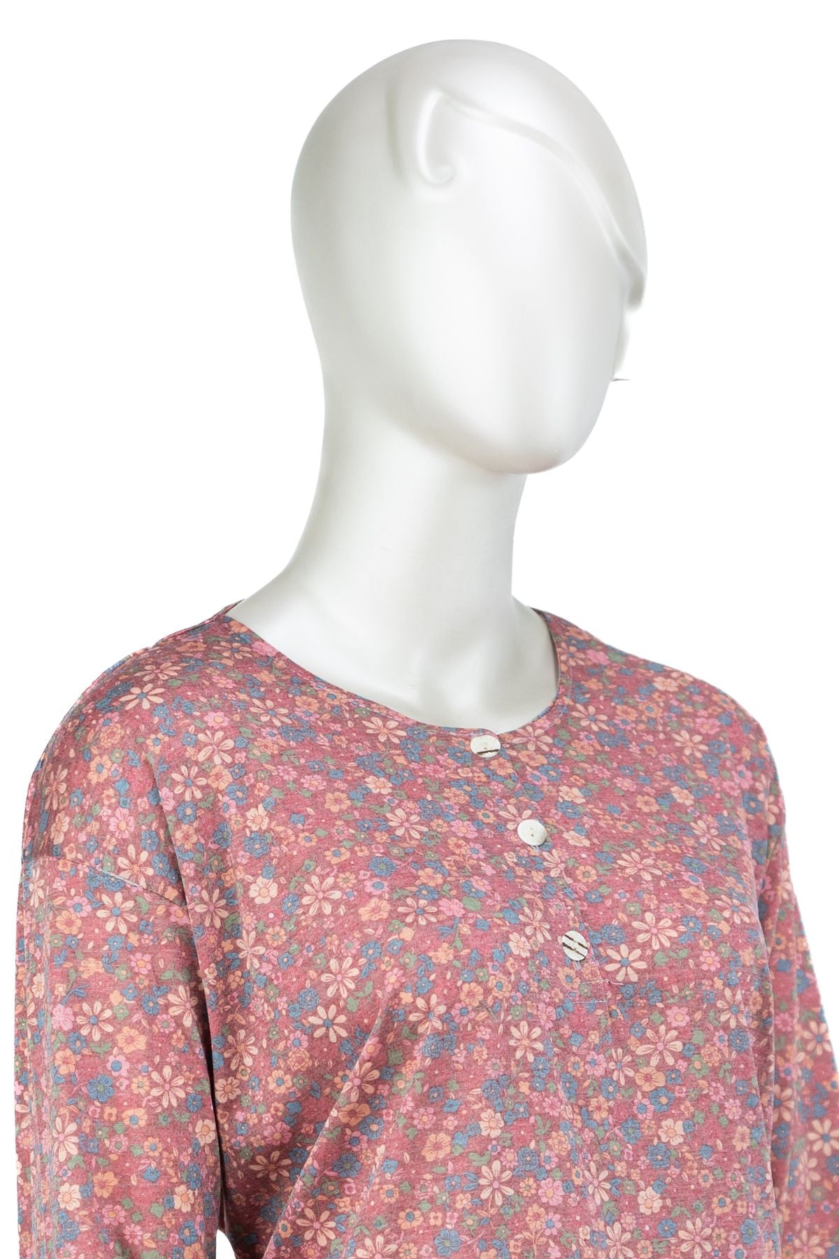 Kadın Kağıt Baskı Klasik Anne Bluz Şık Papatya Desenli Üç Düğmeli Yuvarlak Yaka Tam Kalıp