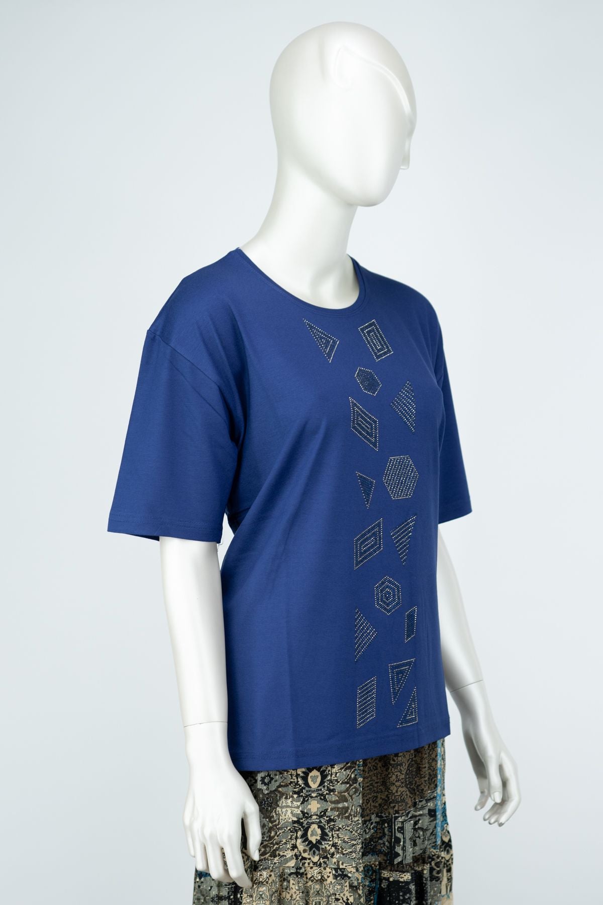 Kadın Düğün Taşlı Yuvarlak Yaka Kısa Kol Tam Kalıp Büyük Beden Viskon Penye Kumaş Anne Bluz