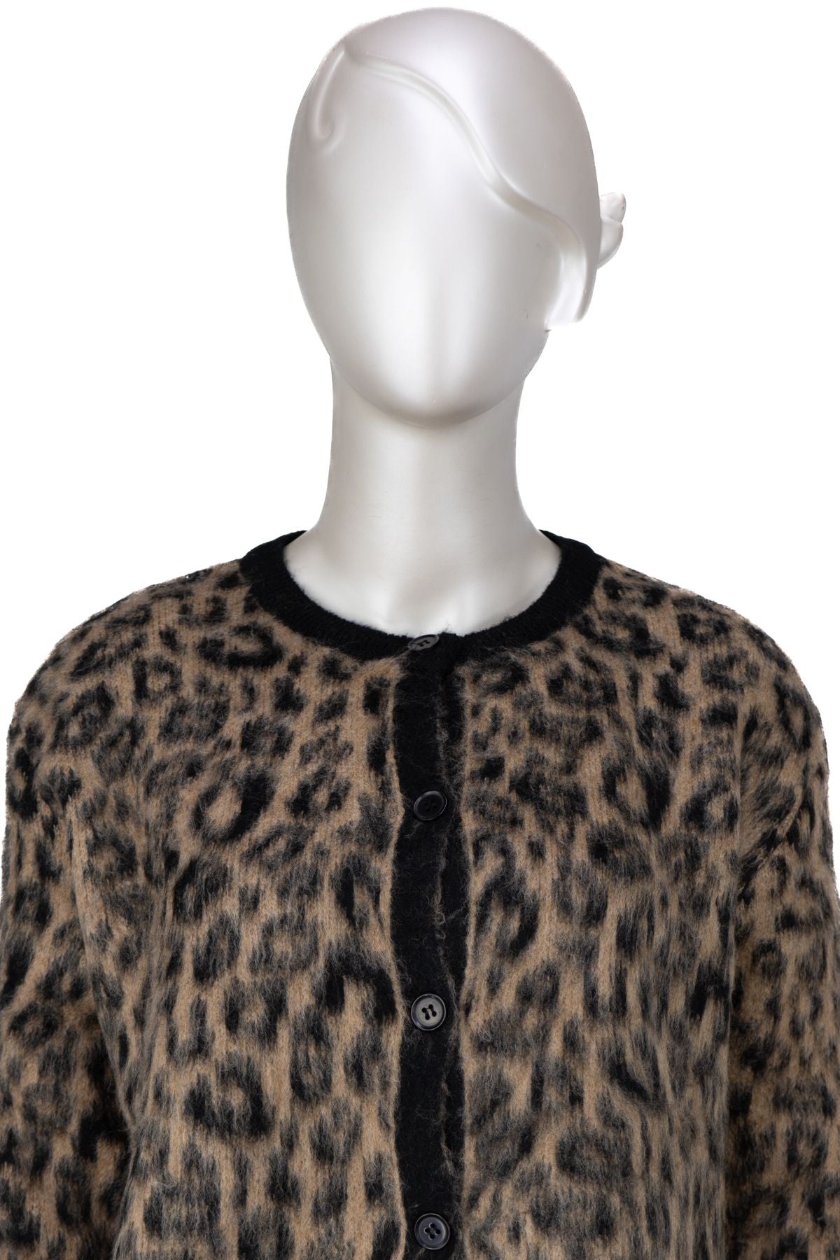 Kadın Kışlık Yün Örme Triko Hırka Over Size Standart Beden Bisiklet Yaka Leopar Motifli