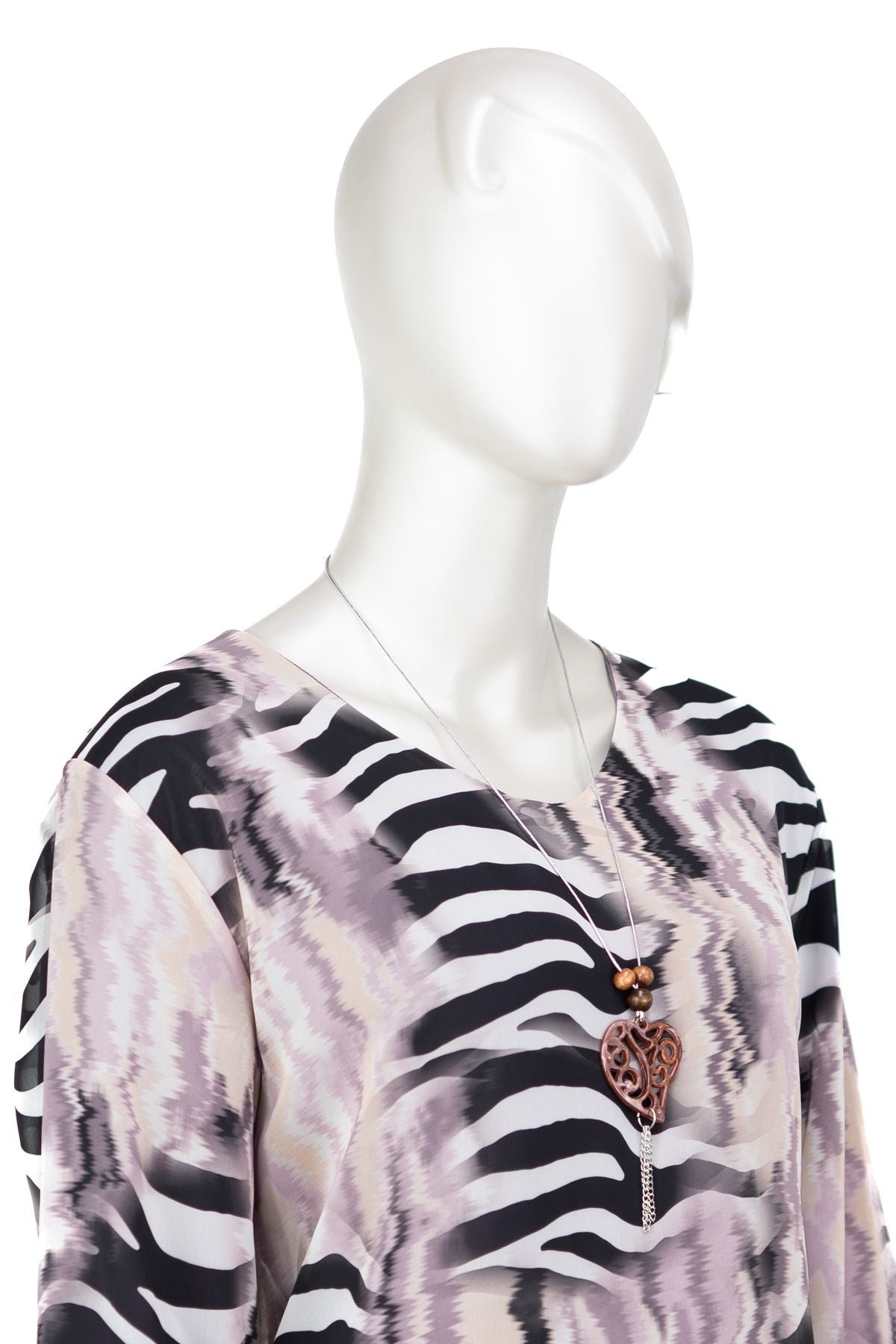 Kadın Klasik Şifon Anne Bluz Viskoz Kumaş Deniz Desenli Kolyeli Uzun Kollu Astarlı Tam Kalıp