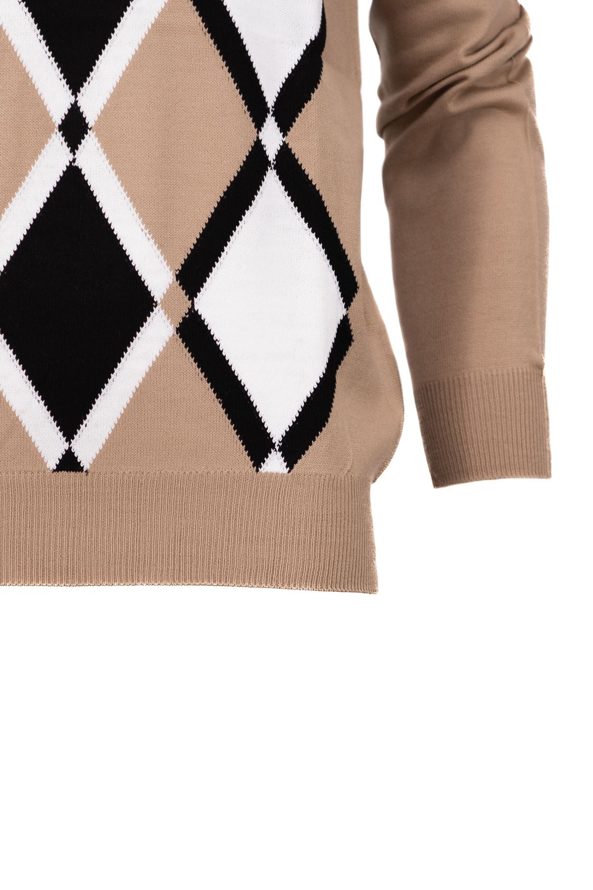 Erkek Kışlık Doğal Yünlü Örme V Yaka Kazak Baklava Desenli Rahat Tam Kalıp Klasik Model