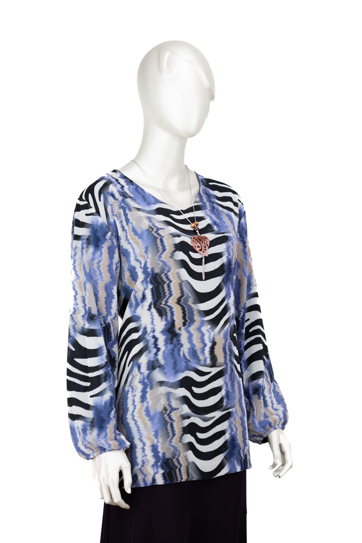 Kadın Klasik Şifon Anne Bluz Viskoz Kumaş Deniz Desenli Kolyeli Uzun Kollu Astarlı Tam Kalıp