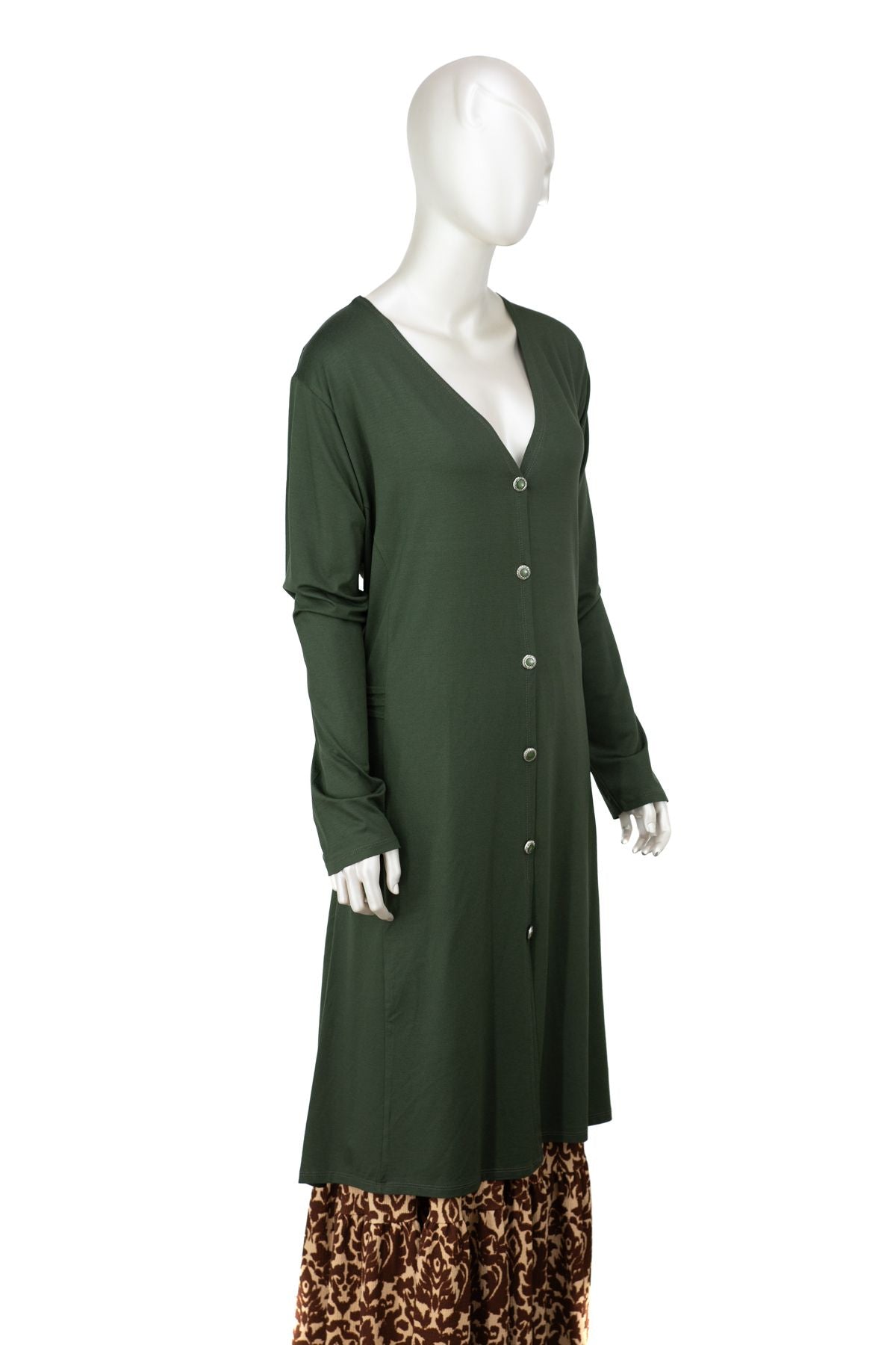 Kadın Uzun Anne Hırka Önü Düğmeli Cepli Rahat Kesim Likralı V Yaka Turlu Viskon Penye Kumaş