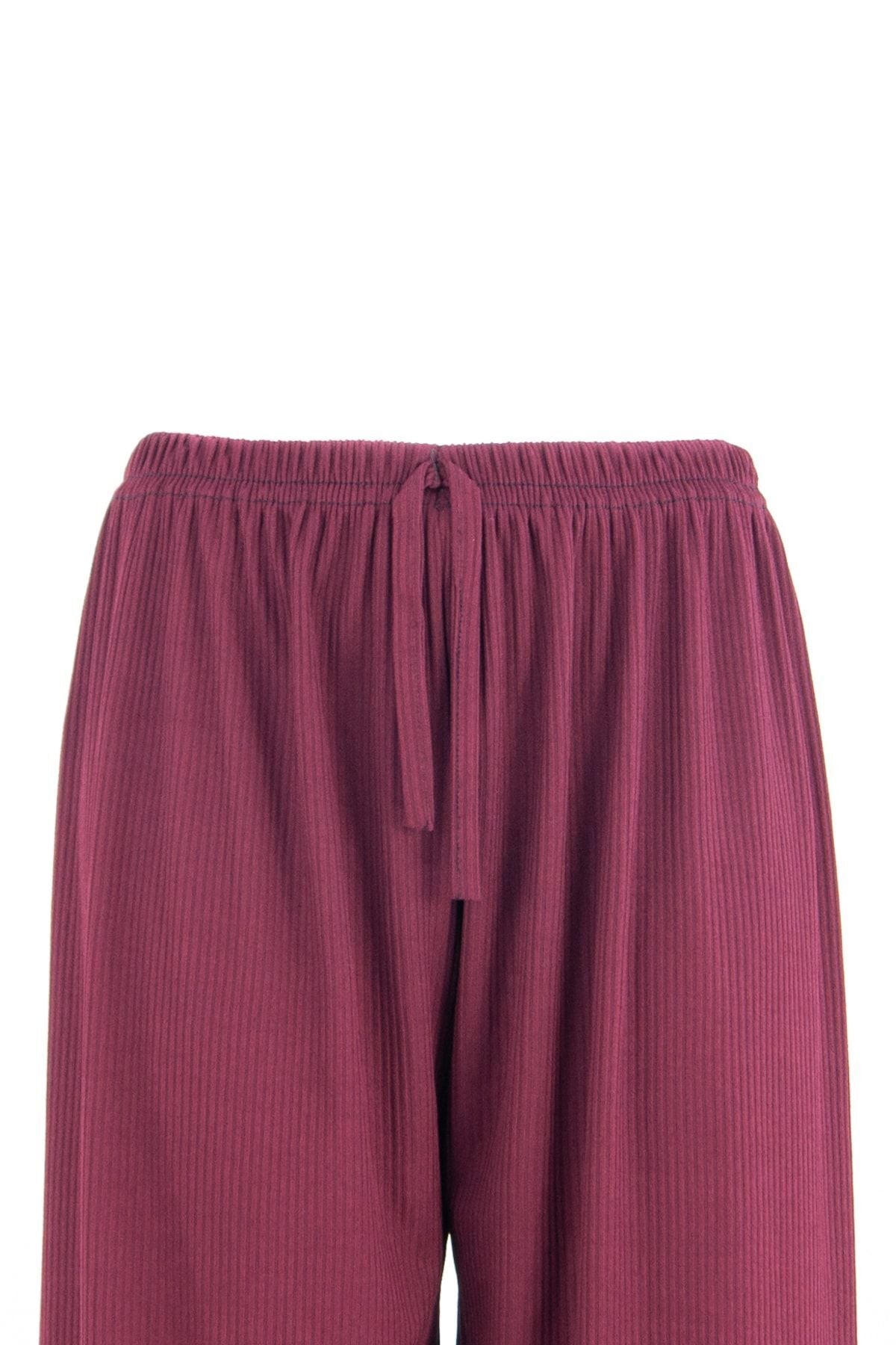 Kadın Fitil Desenli Beli Lastikli Ve Bağcıklı Likralı Turlu Viskon Penye Kumaş Anne Pantolon