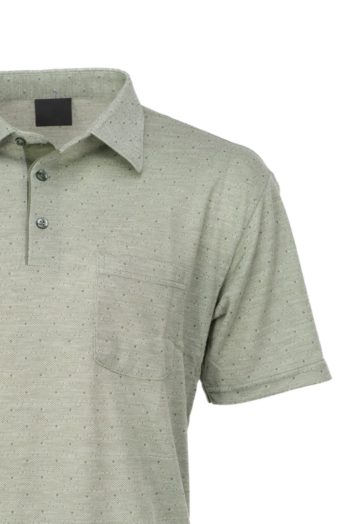 Erkek Pamuklu Kumaş T-Shirt Düğmeli Gömlek Yaka Cepli Kısa Kollu Şık Nokta Desenli Tam Kalıp