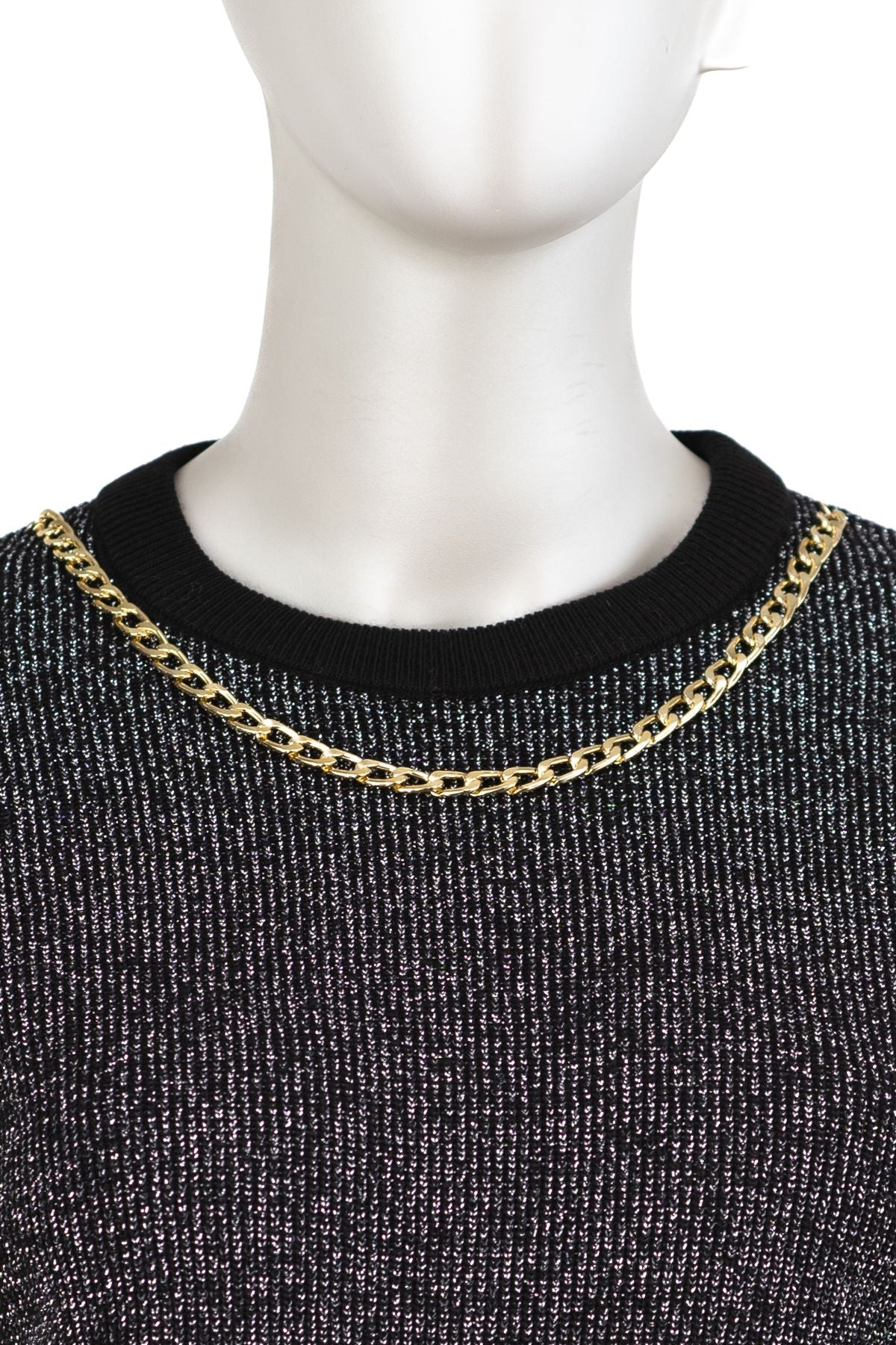 Kadın Kışlık Zincir Modelli Yuvarlak Yaka Spor Kesim Likralı Simli iplikten Örme Triko Kazak