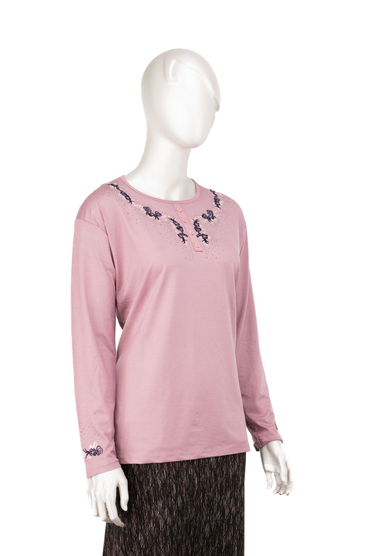 Kadın Turlu Viskon Penye Kumaş Anne Bluz Şık Taşlı ve Nakışlı Yuvarlak Yaka TamKalıp Likralı