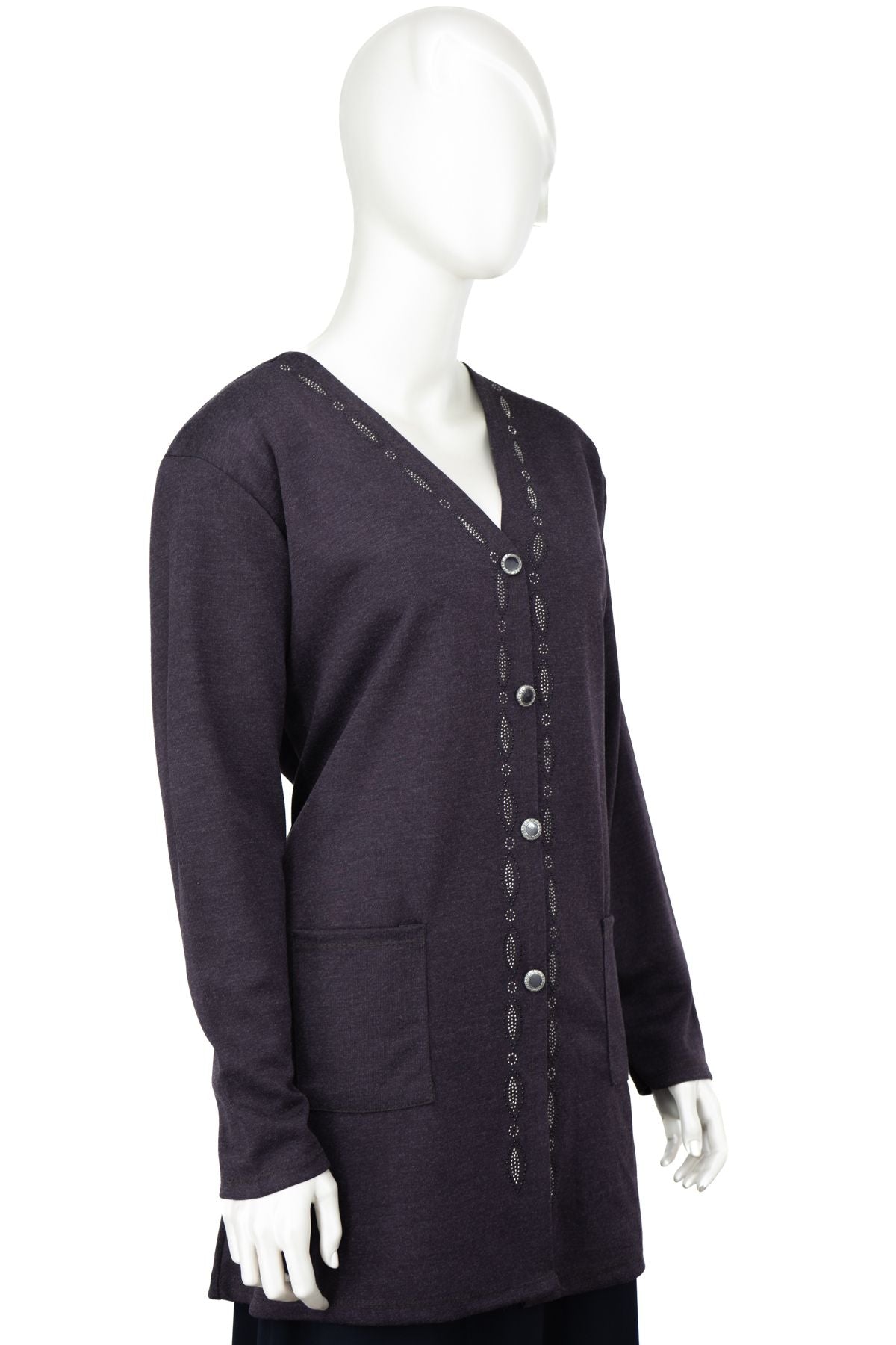 Kadın Kışlık Önü Modern Düğmeli ve Çift Cepli Şık Taşlı Modelli Rahat Ecrin Kumaş Anne Hırka