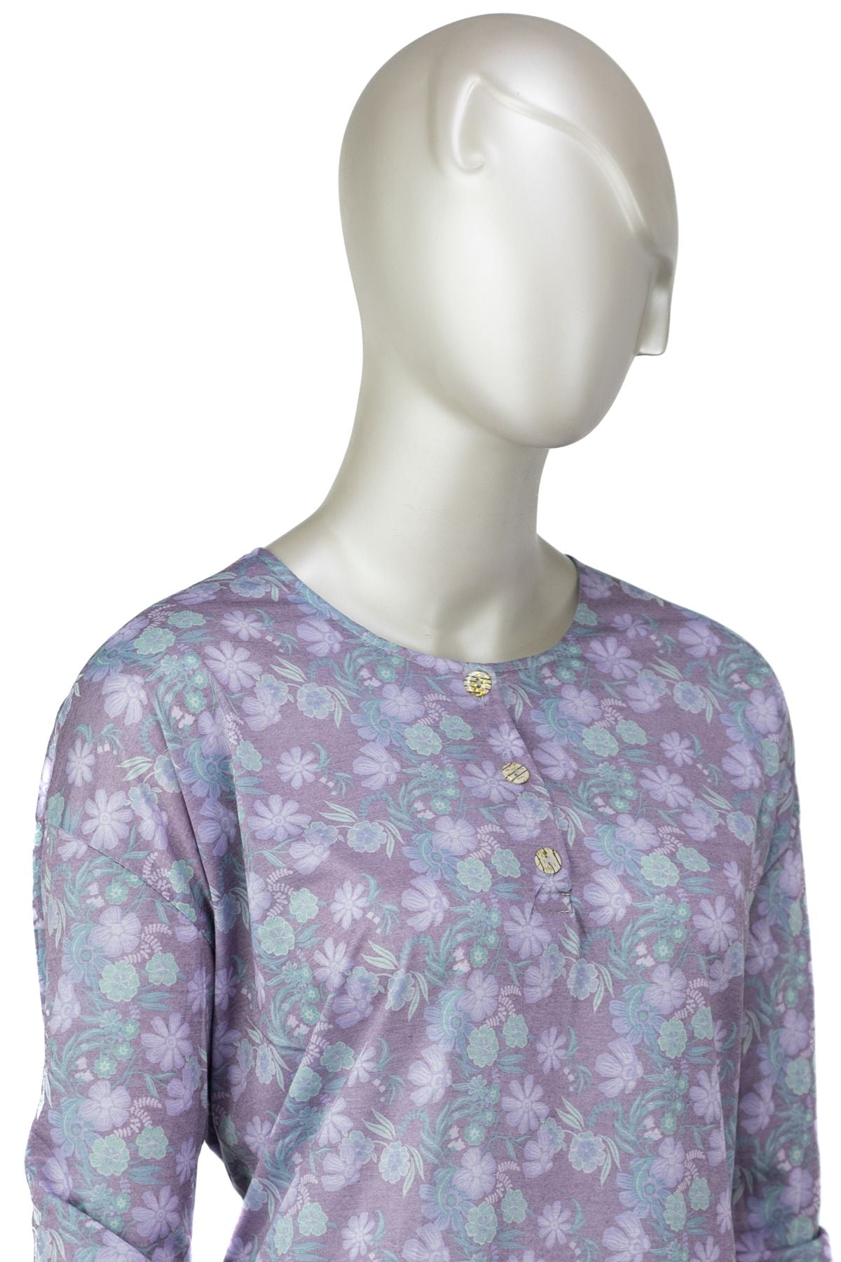 Kadın Kağıt Baskı Klasik Anne Bluz Pamuk Kumaş Fesleğen Desenli Üç Düğmeli Tam Kalıp