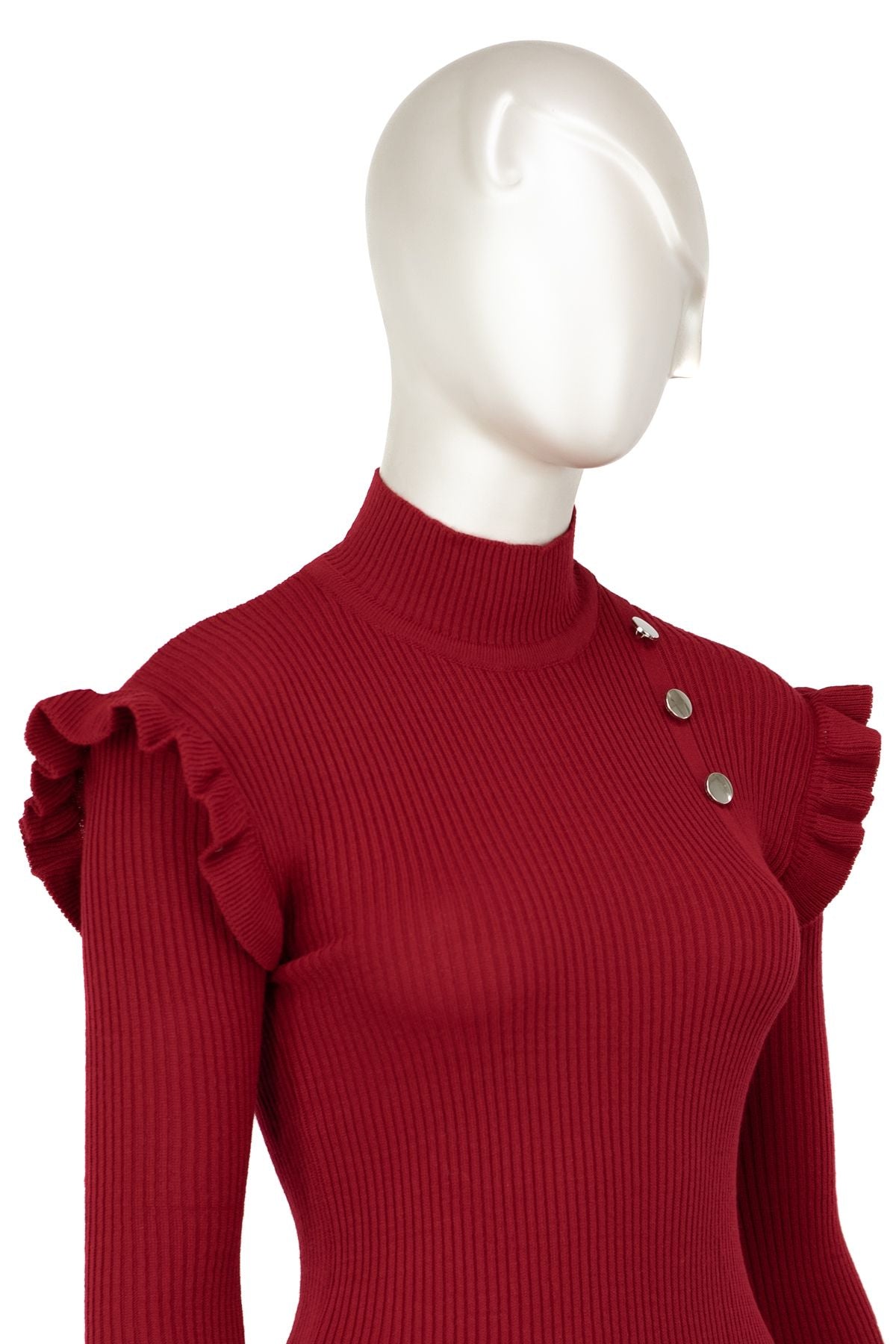 Kadın Kışlık Kolları Şık DüğmeDetaylı Yarım Yaka Bedene Oturan Likralı Örme Triko Badi Kazak