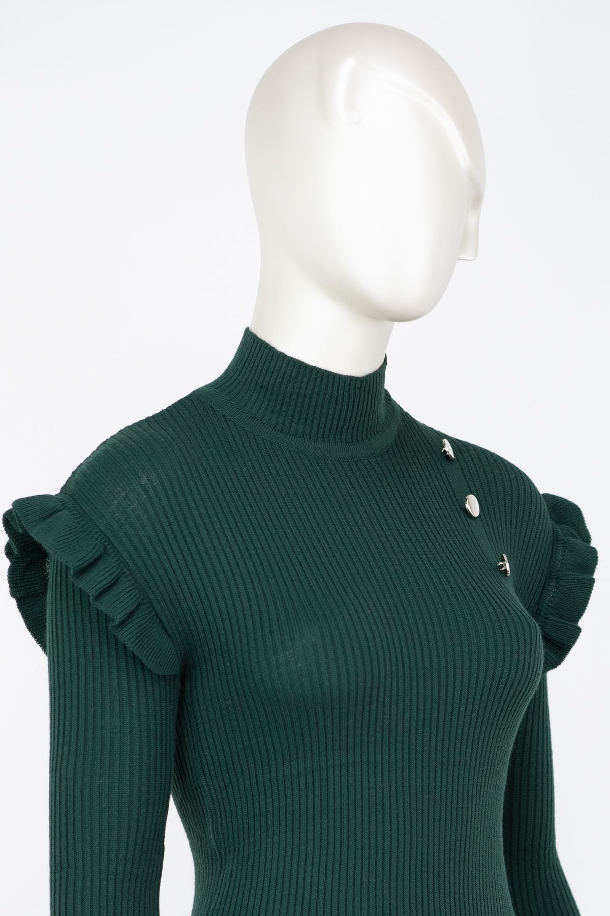 Kadın Kışlık Kolları Şık DüğmeDetaylı Yarım Yaka Bedene Oturan Likralı Örme Triko Badi Kazak