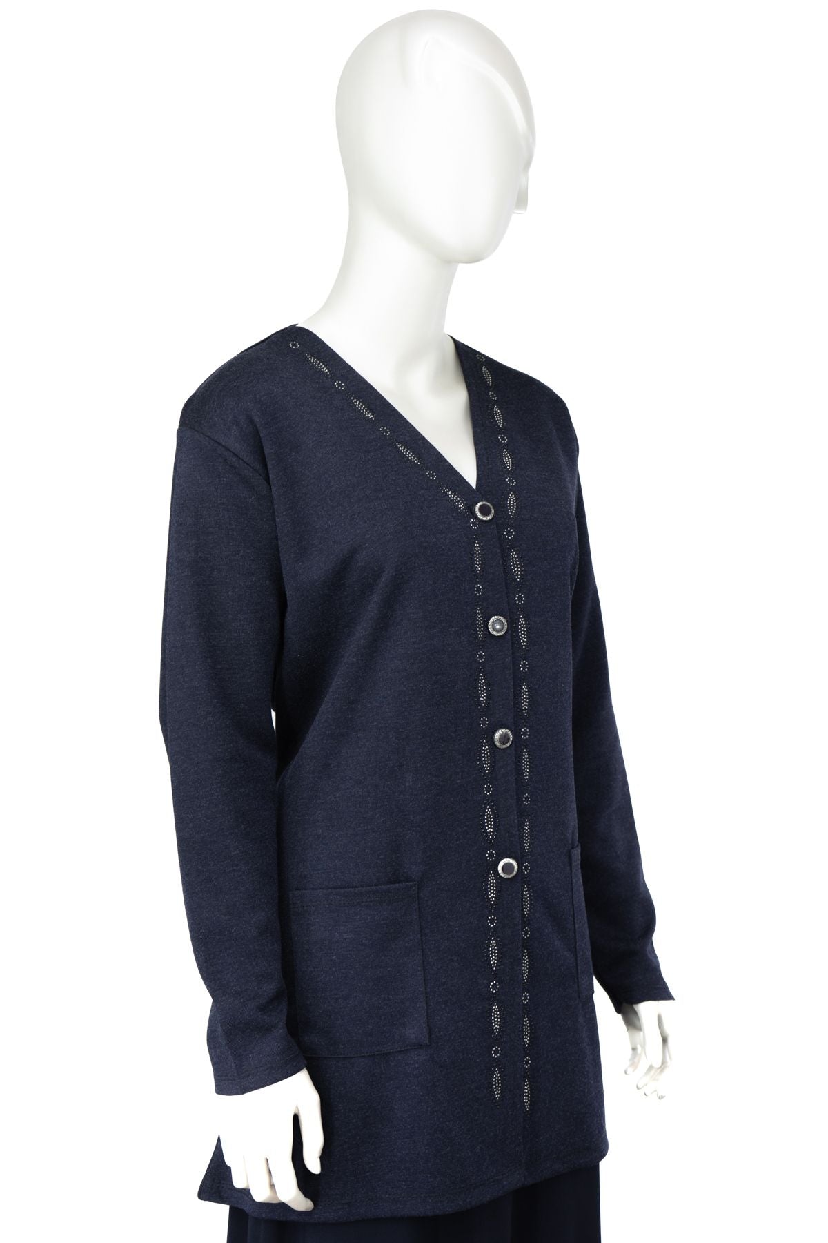 Kadın Kışlık Önü Modern Düğmeli ve Çift Cepli Şık Taşlı Modelli Rahat Ecrin Kumaş Anne Hırka