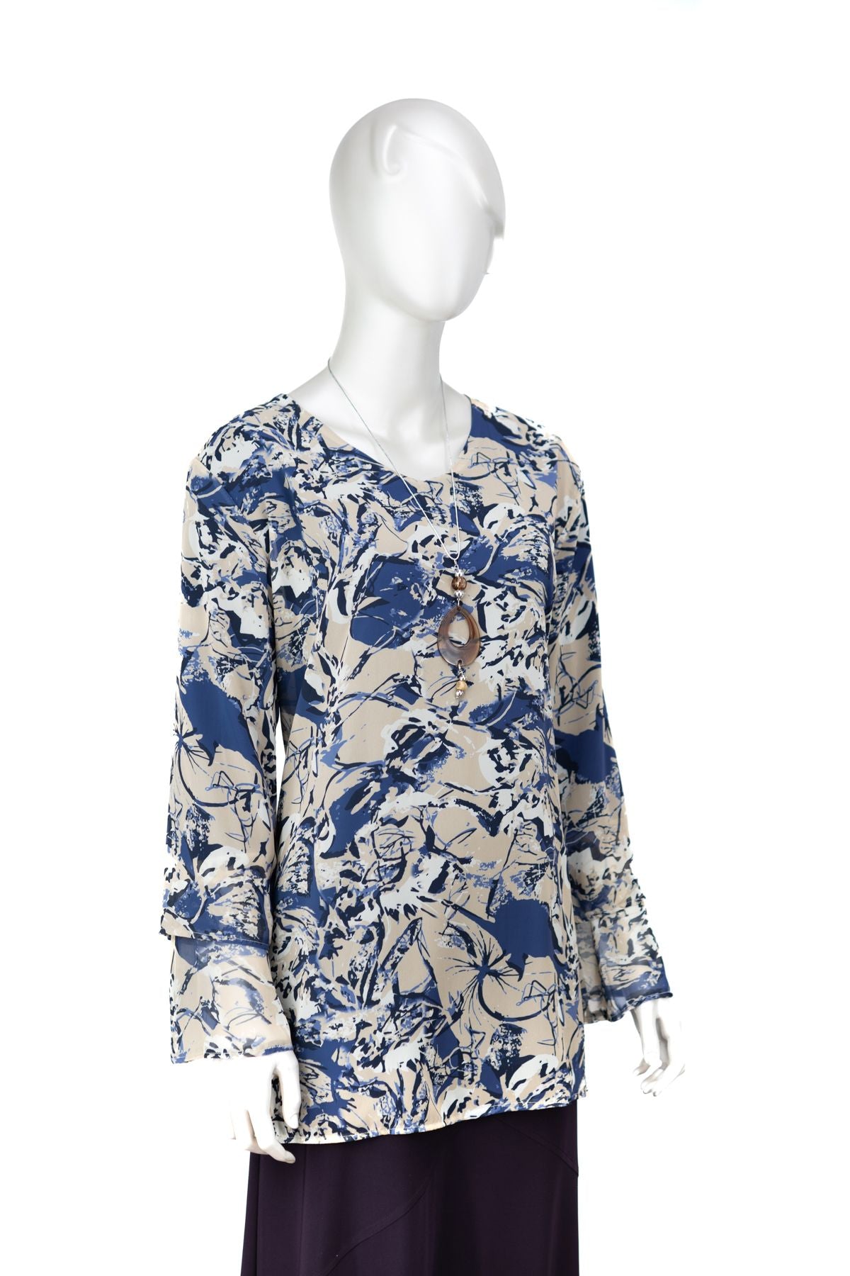 Kadın Klasik Şifon Anne Bluz Viskoz Kumaş Sanat Desenli Kolyeli Uzun Kollu Astarlı Tam Kalıp