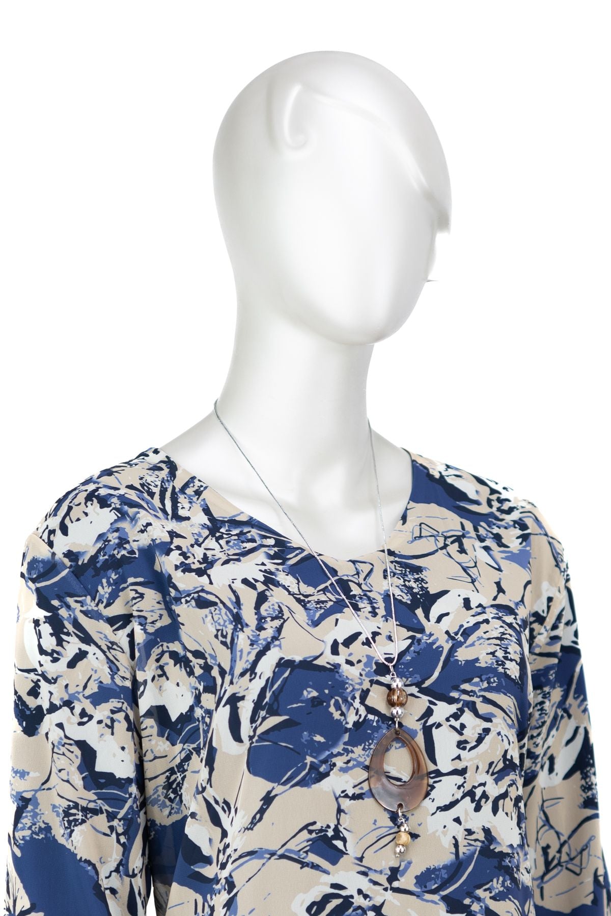 Kadın Klasik Şifon Anne Bluz Viskoz Kumaş Sanat Desenli Kolyeli Uzun Kollu Astarlı Tam Kalıp