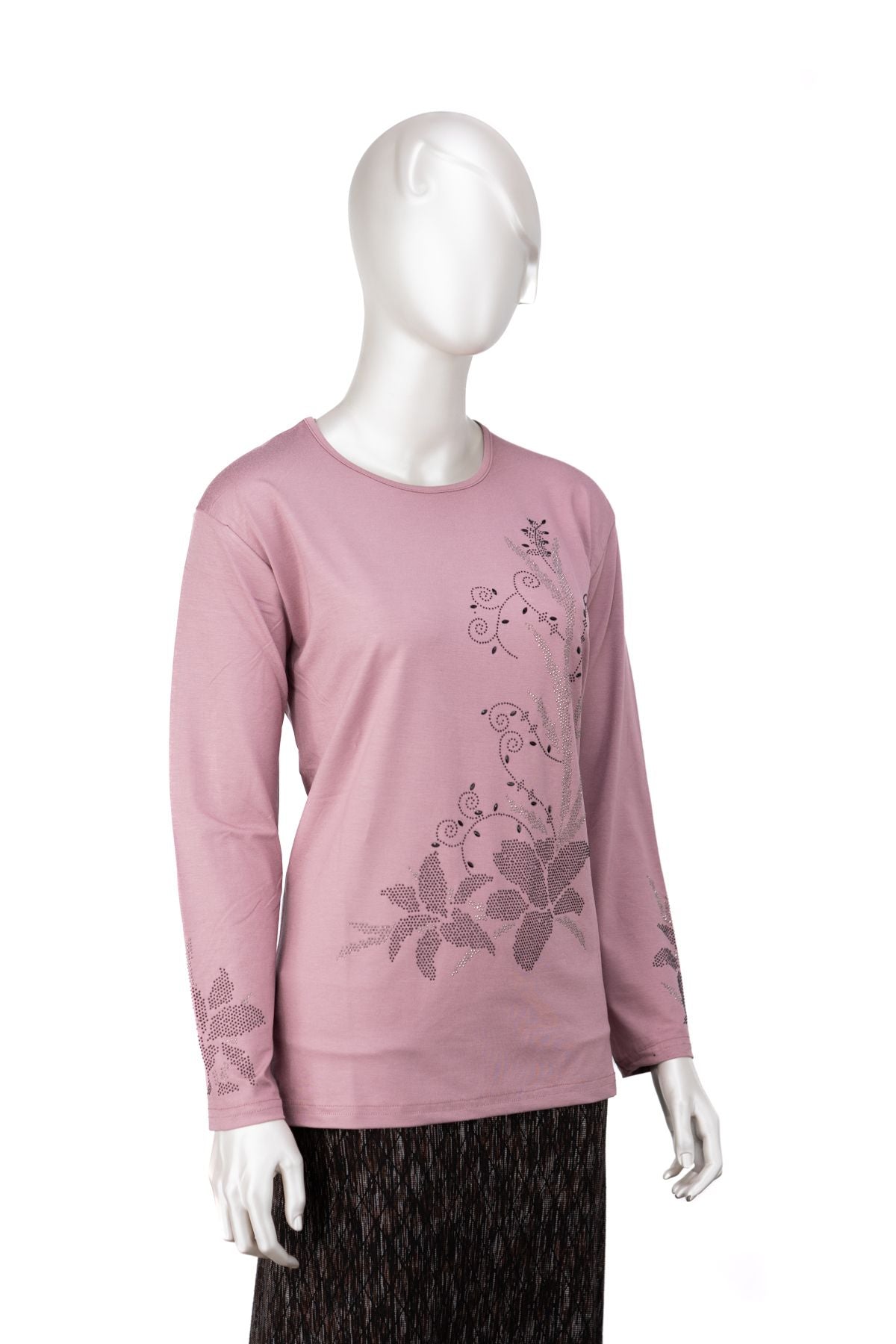 Kadın Turlu Viskon Penye Kumaş Anne Bluz Şık Çiçek Taşlı Yuvarlak Yaka Tam Kalıp Likralı