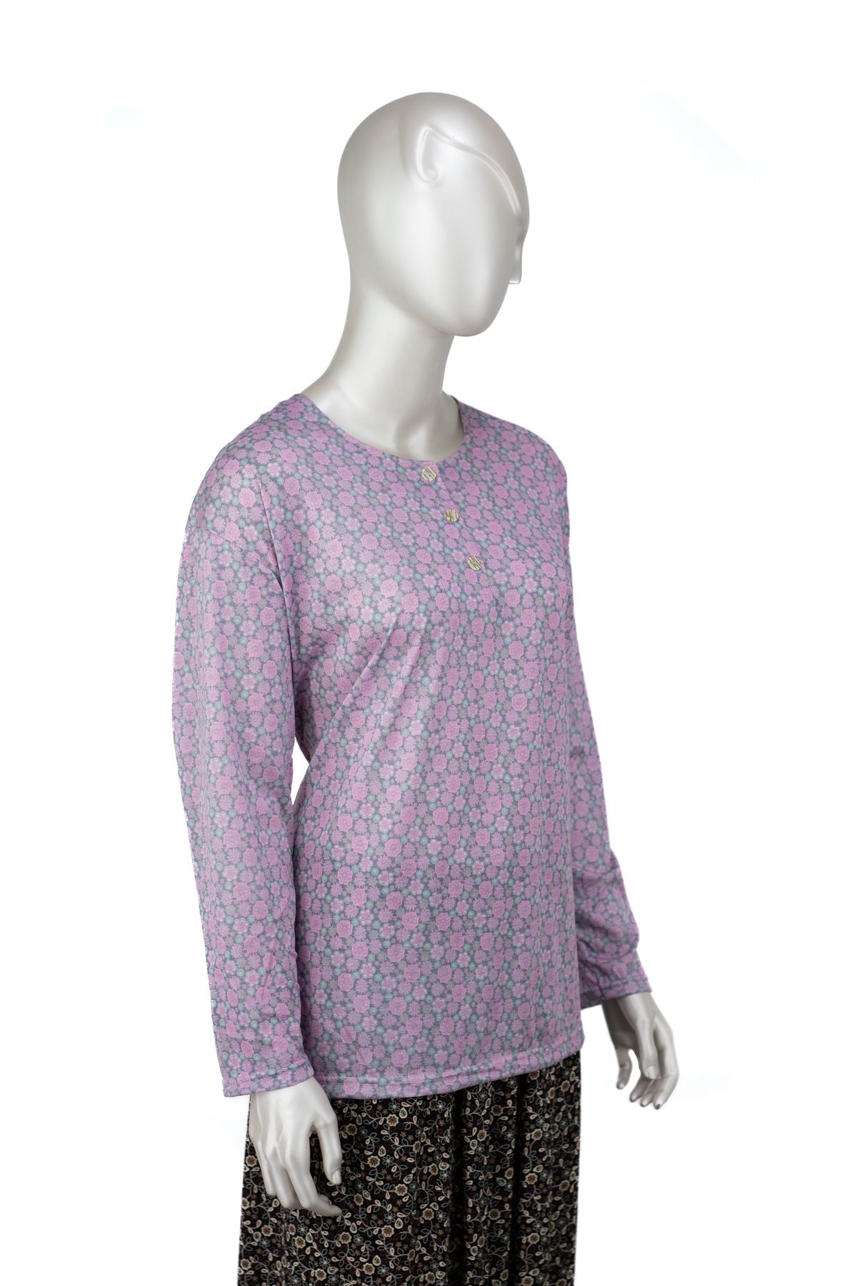 Kadın Kağıt Baskı Klasik Anne Bluz Pamuk Kumaş Manolya Desenli Üç Düğmeli Tam Kalıp