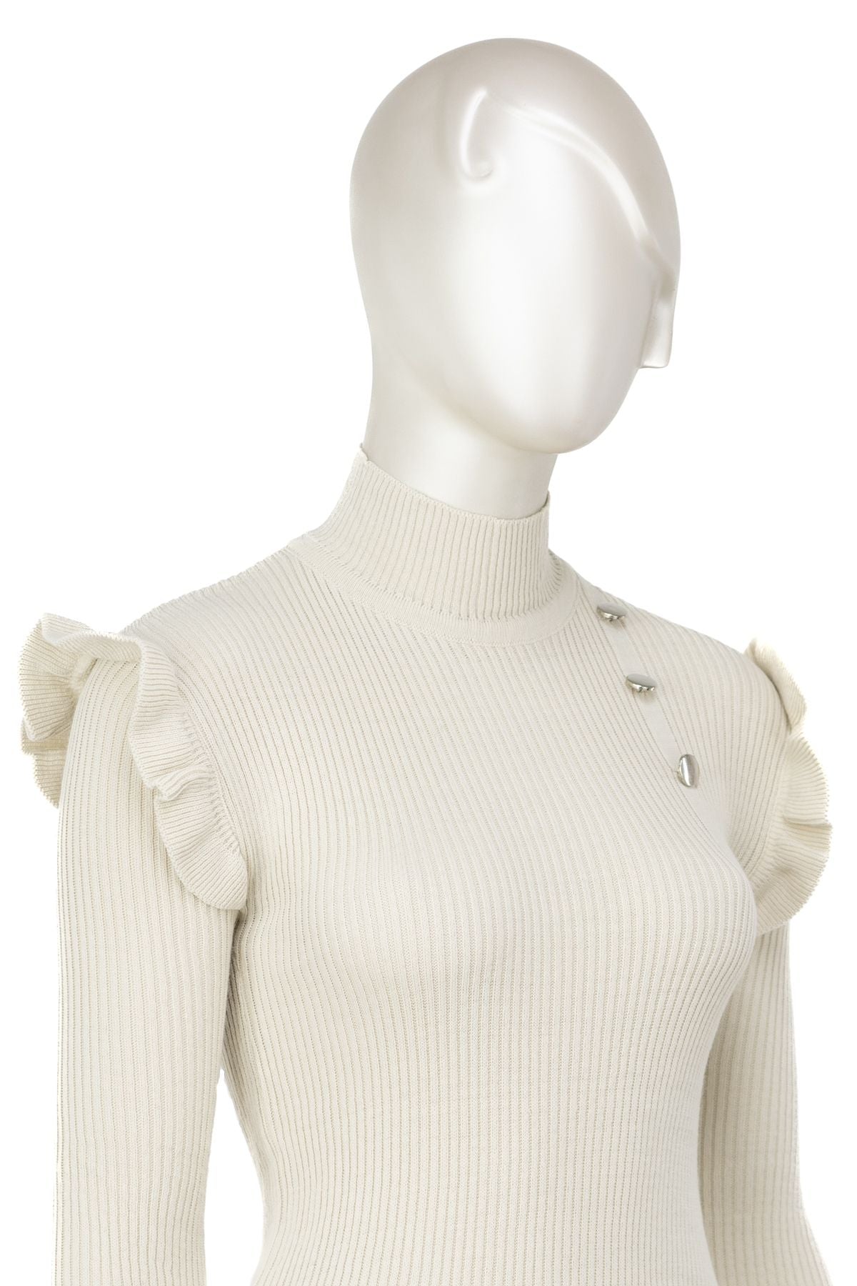 Kadın Kışlık Kolları Şık DüğmeDetaylı Yarım Yaka Bedene Oturan Likralı Örme Triko Badi Kazak